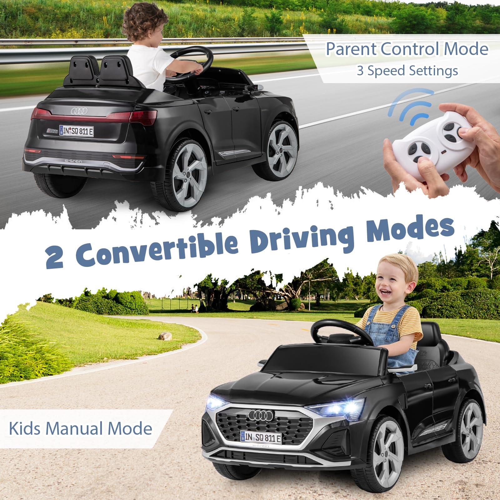 FANTASK Kinder Elektroauto, 12V Kinderauto Audi SQ8 mit 2,4G Fernbedienung & Hupe & Scheinwerfer & Musik, 3-Gang Elektrofahrzeug für Kinder 3-5 Jahre, 3-5 km/h (Schwarz)