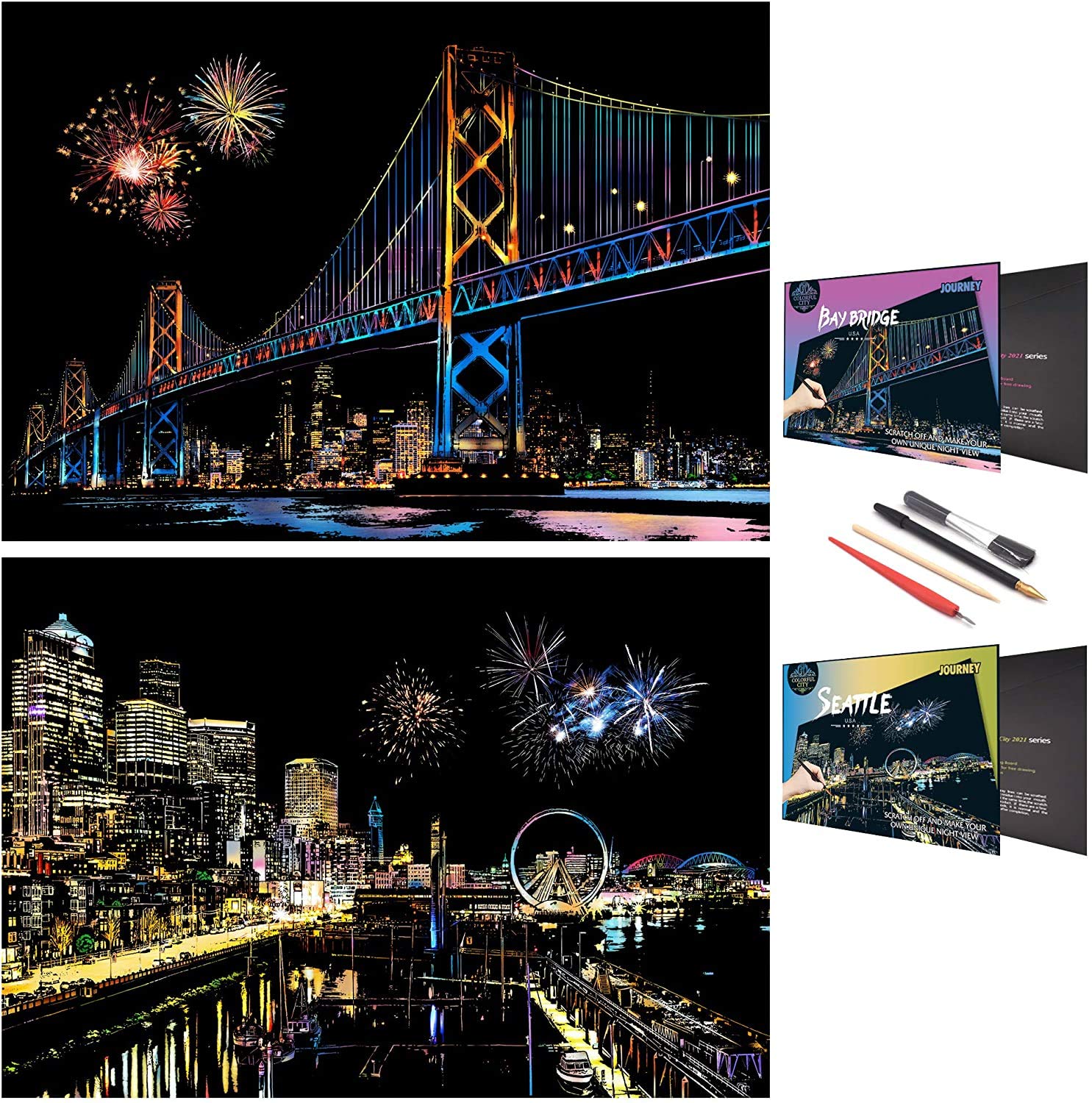 SiYear Scratch Art Painting Paper Set for Adults & Kids,Landmark Building City Series Night Scene,Scratchboard Creative Gift DIY Foil Engraving Crafts with 4 Tools (A3-Seattle + Bay Bridge)