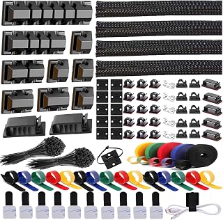 300PCS Cable Management Kit, 4 Cable Sleeve,11 Cord Holders, 25 Cable Clips 25+5 Roll Self Adhesive Cable Organizer Straps and 200 Fastening Cable Ties for Computer TV Under Desk (Black)
