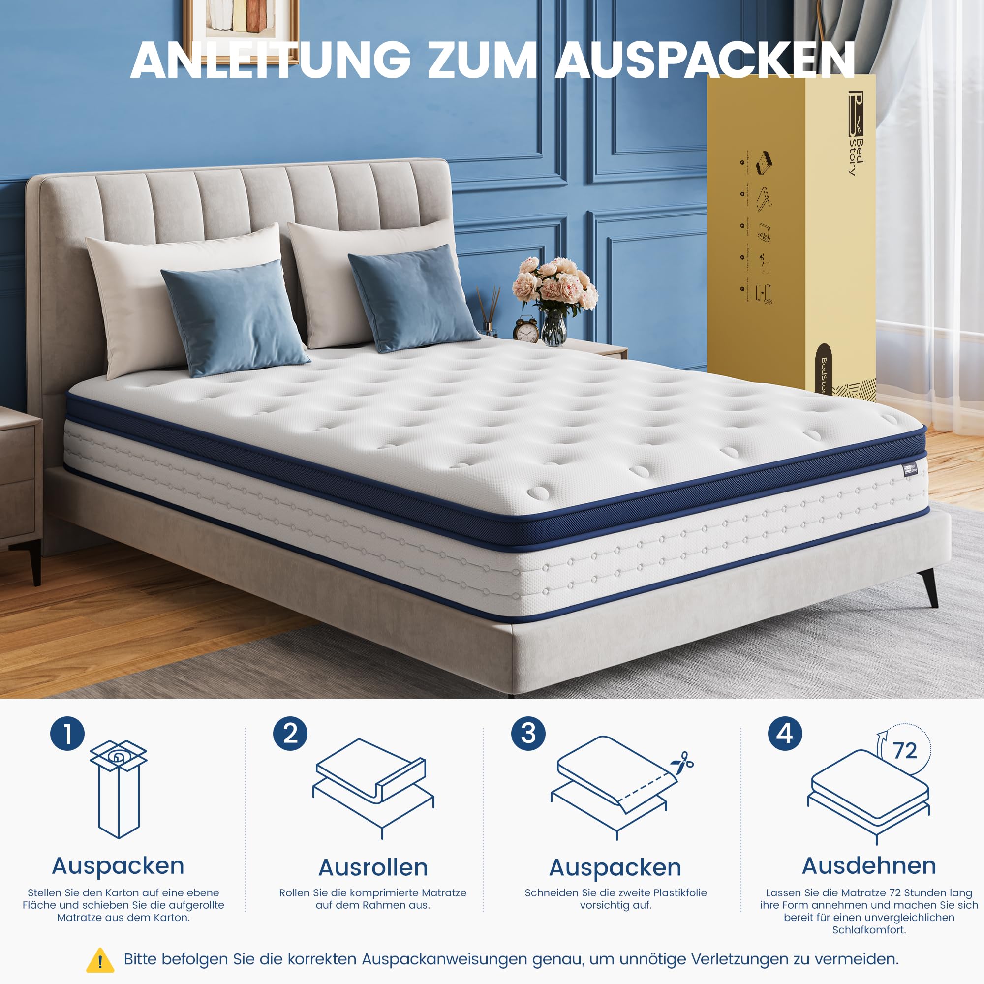 BedStory Matratze 140x200cm, 7-Zonen Taschenfederkernmatratze Höhe 20cm, H4 Härtegrad Matratze, Gedächtnisschaum und unabhängige Sackfeder, Rückenentlastende, Blau