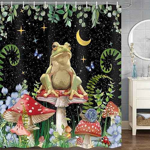 Miniatura 2 de JAWO Cortina de ducha de hongos, cortinas de ducha bohemias con diseño floral, diseño de rana divertida, juego de accesorios de baño con ganchos, 69