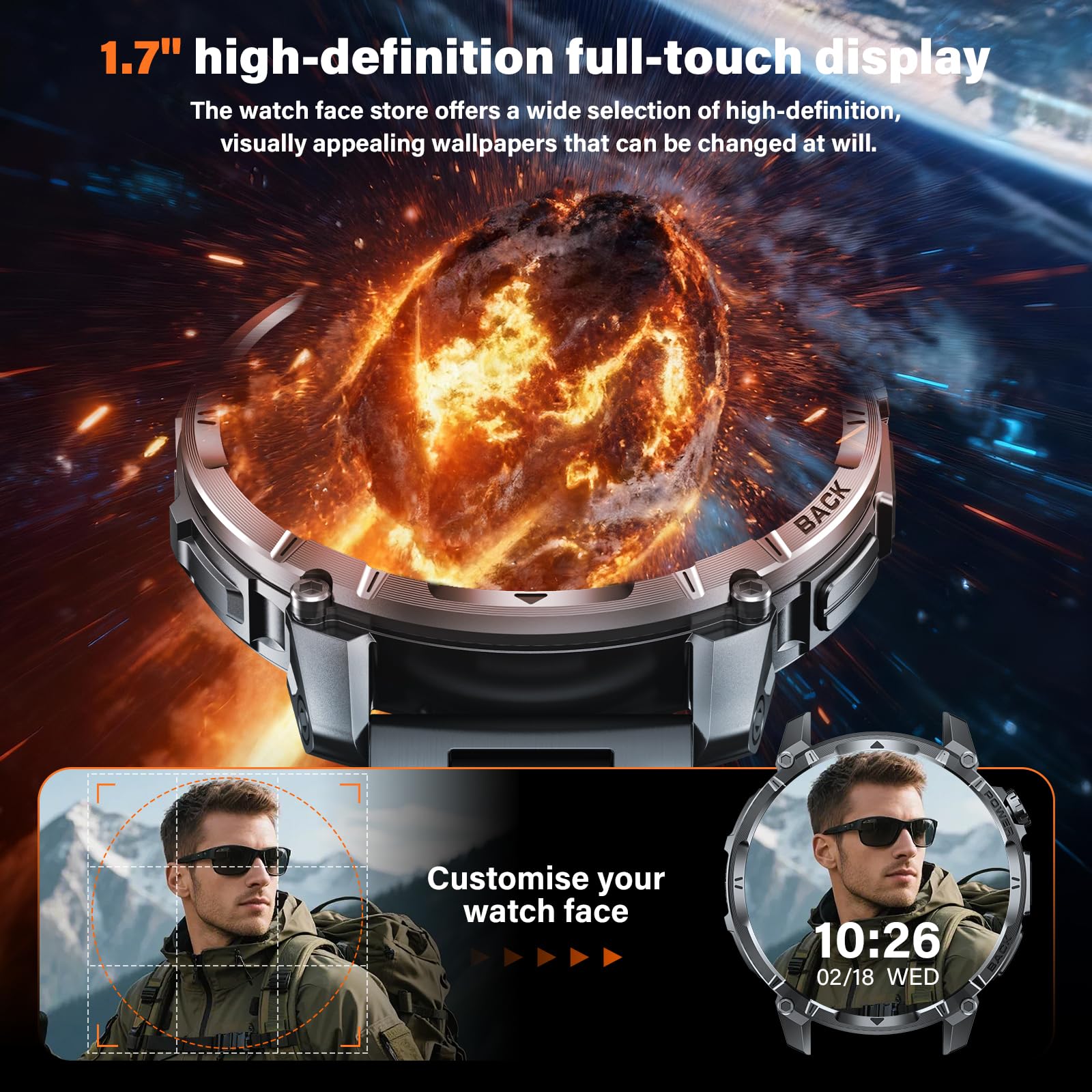 Reloj Inteligente Hombre Militar con Batería 1000 mAh y Linterna LED, 1.7” Smartwatch Hombre con Llamadas Bluetooth Pulsómetro SpO2 Monitor de Sueño 110+ Modos Deportivos Android iOS (Acero Negro)