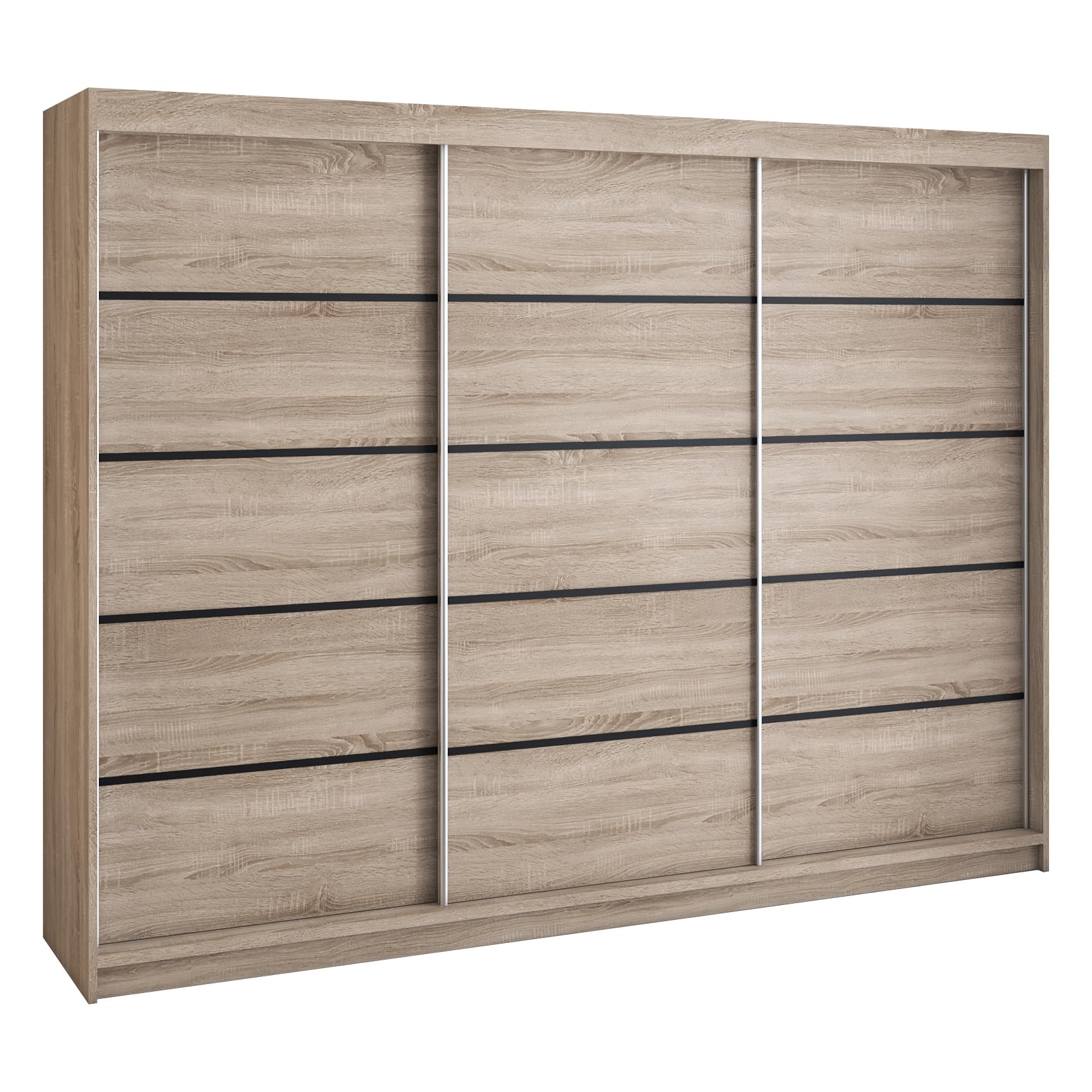 A&J MöbelLand Mero Schwebetürenschrank 200 cm, Kleiderschrank 3-türig mit 4 Schubladen (Sonoma/Sonoma/Sonoma/Sonoma)