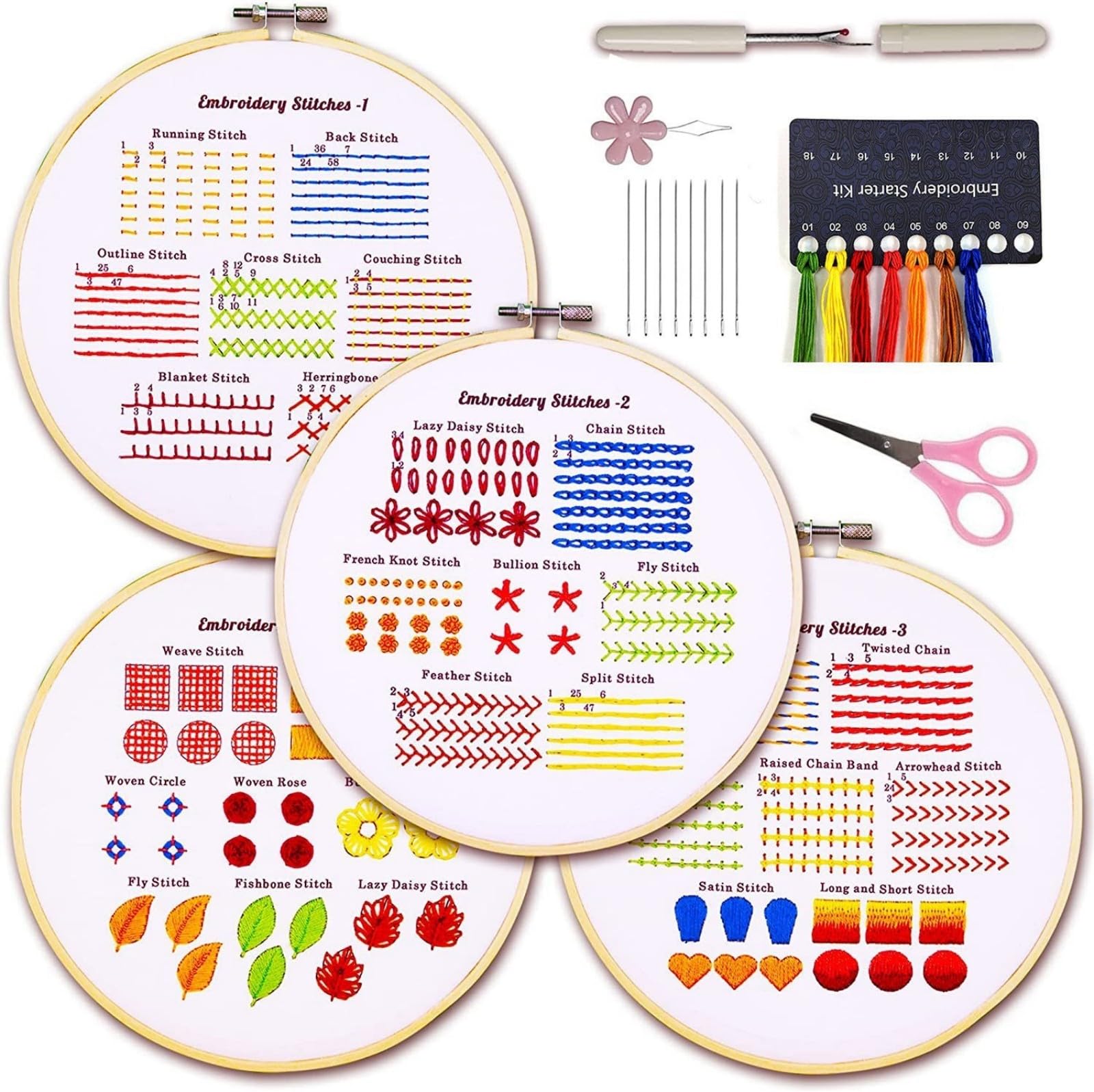 FUZVOL Classic Stitch Practice Embroidery Kit for Adults & Beginners Includes Embroidery Patterns, Stitching Supplies Video Tutorial & Instruction Booklet, Perfect Craft Set for Kids and Adults