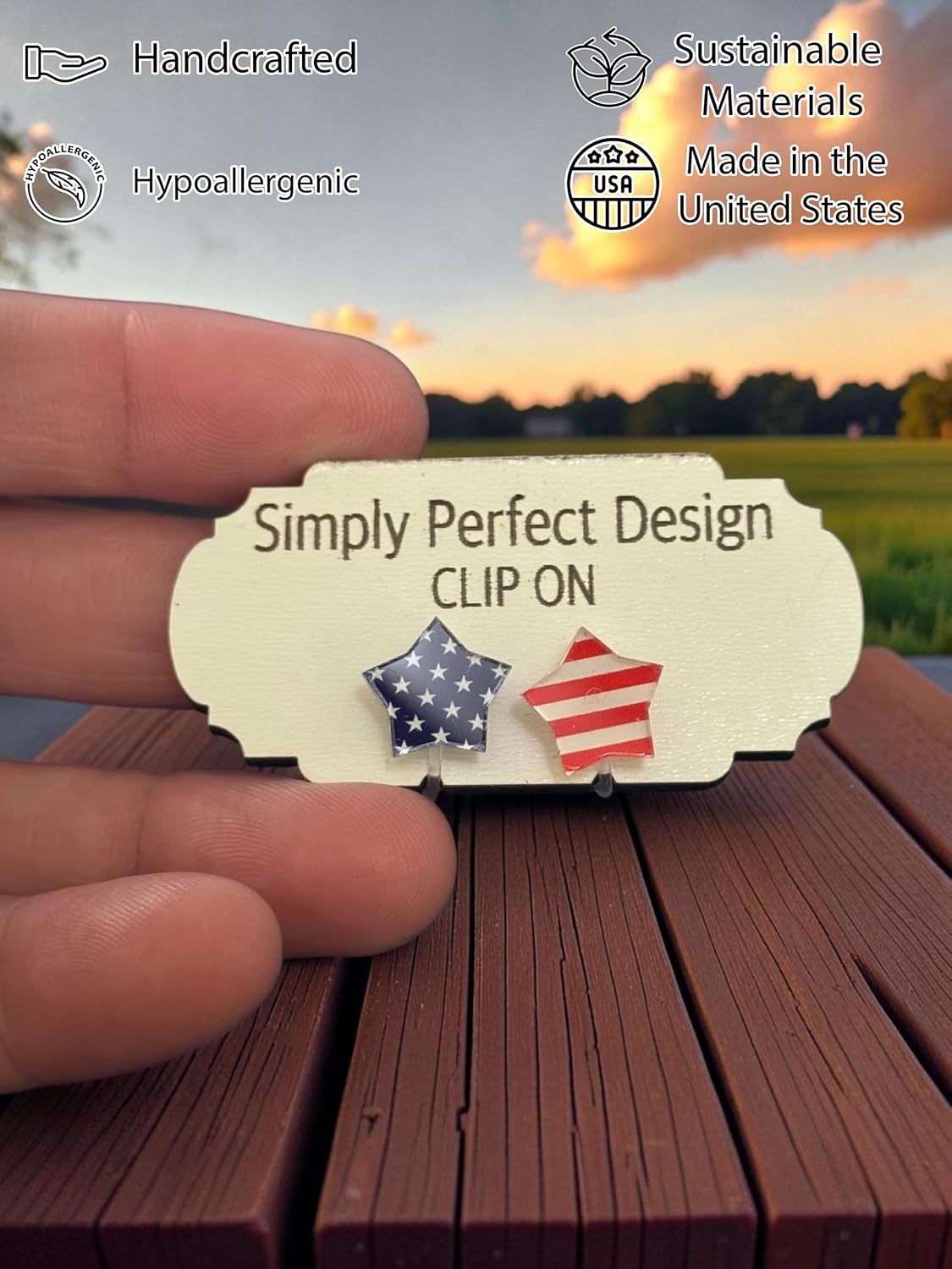 Hypoallergenic Patriotic Star Clip-On Earrings for Women - American Flag Stars and Stripes Red White Blue - No Piercing Required - Lightweight Handcrafted Acrylic USA Jewelry