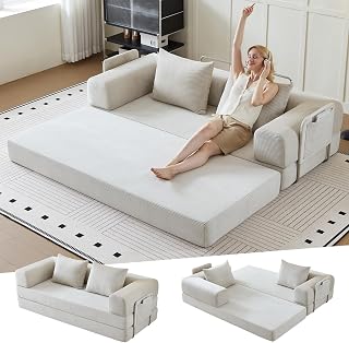 80" Sleeper Sofa Bed, 4 in 1 Folding Couch Bed with Corduroy Fabric, Full Foam Boneless Sofa Lazy Floor Lounger, Convertible Modular Couch for Living Room (Beige)
