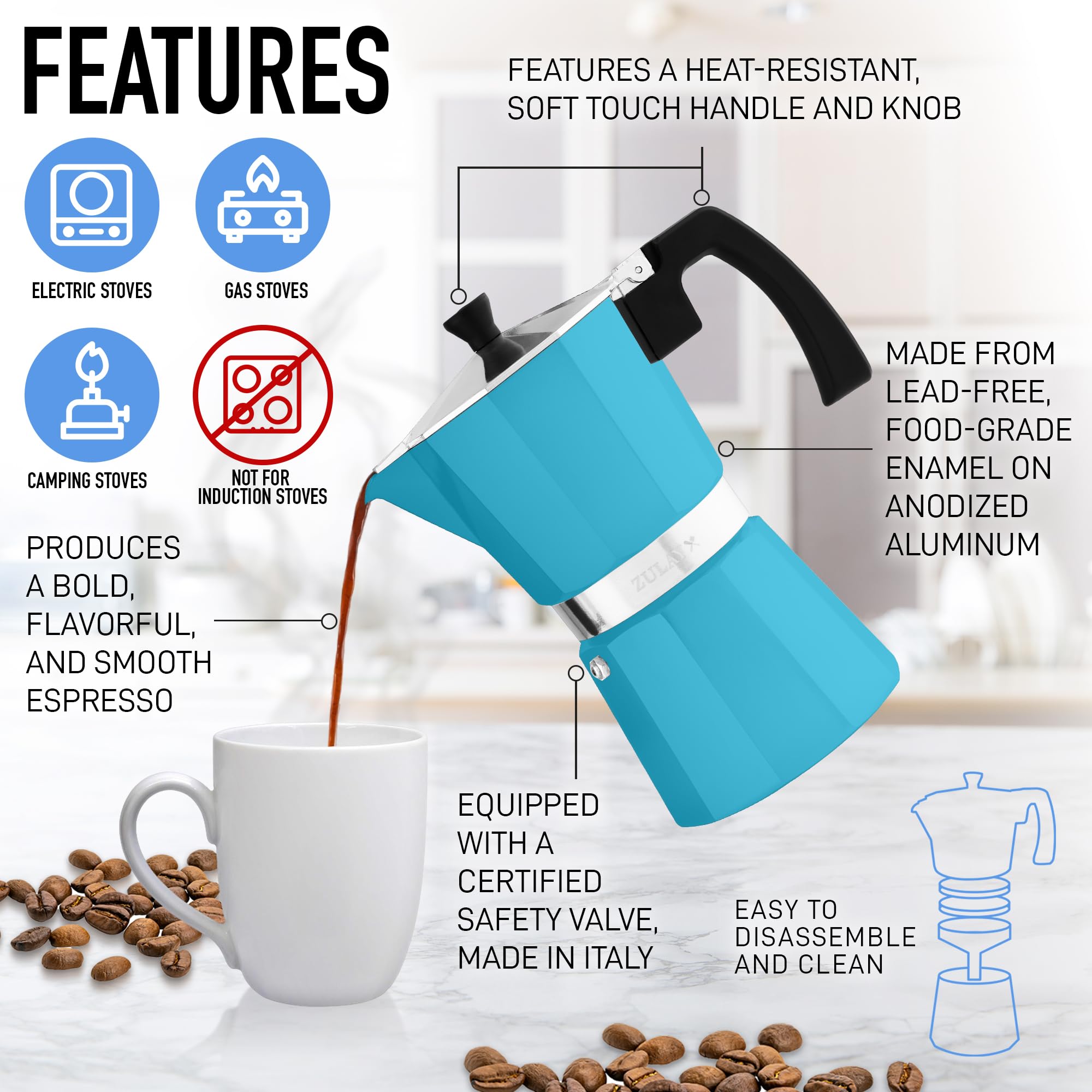 Zulay – Cafetière à expresso à moka de qualité supérieure – Cafetière à expresso anti-fuite – Parfaite pour un expresso authentique de style cubain et italien – Pour 6 tasses à expresso – Bleu clair