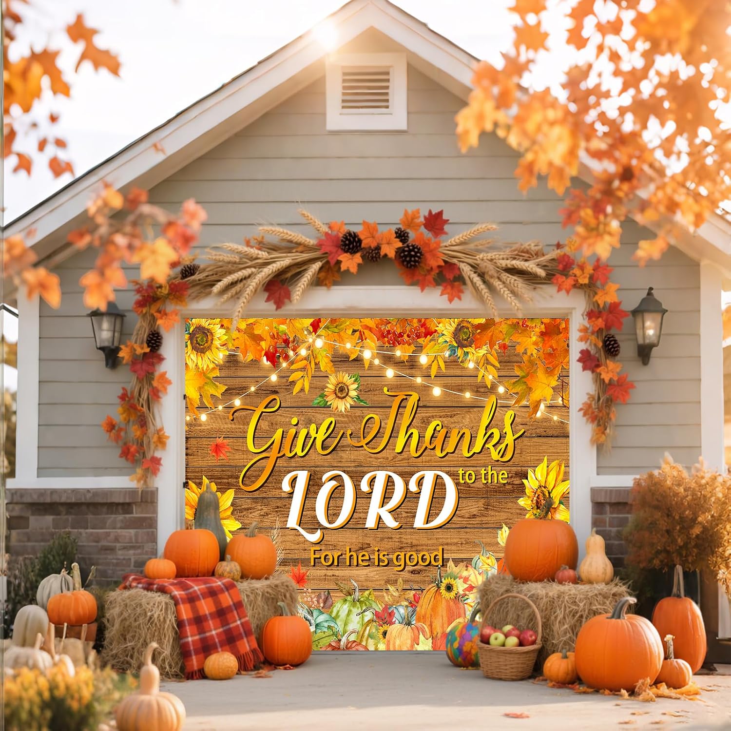 Happy Thanksgiving Garage Door Cover Banner Decorations, Thankful Give Thanks Christian Fall Outdoor Car Garage Door Murals Buddy Decorations Backdrops Party Wall Decor Extra Large 16 X 7 Ft