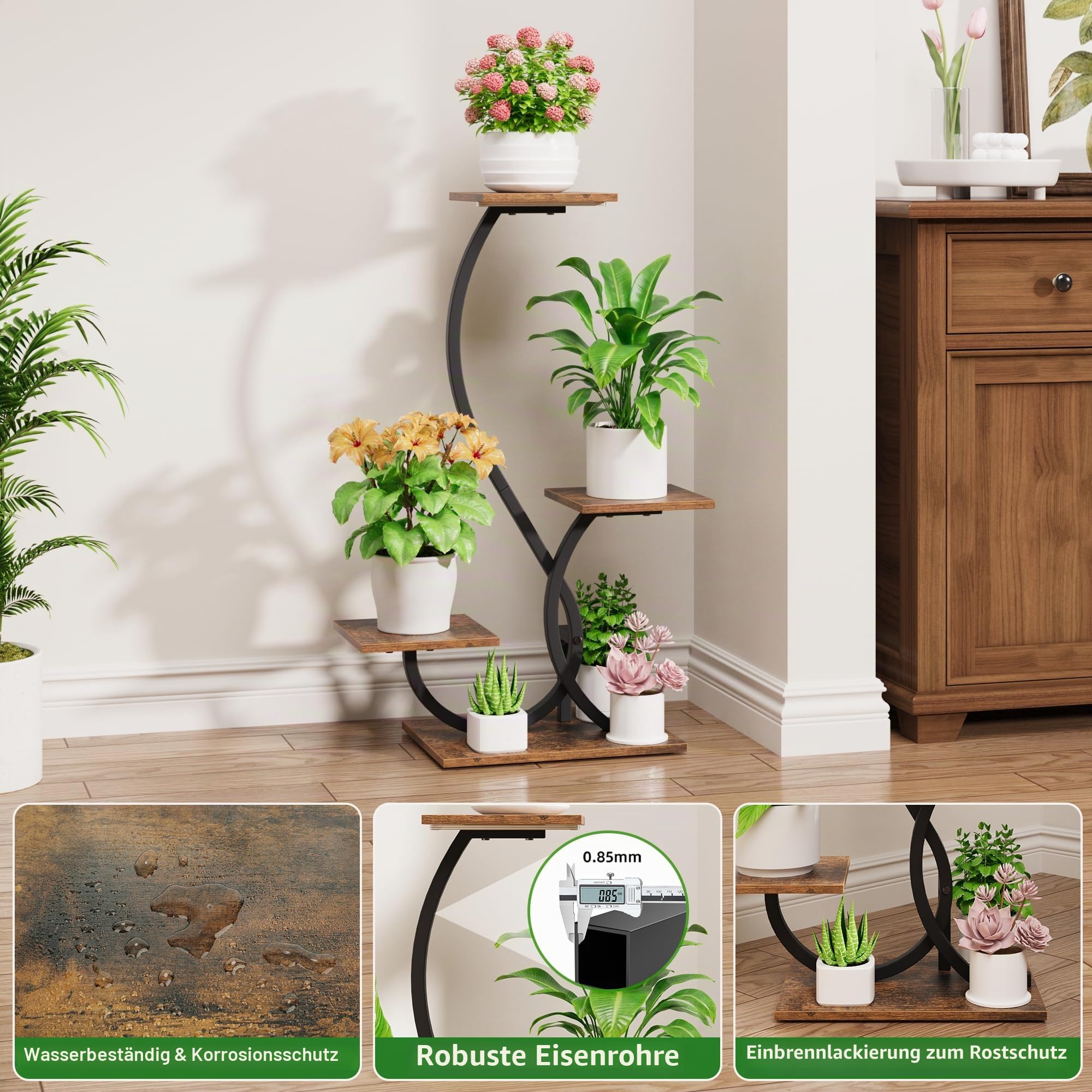 BACEKOLL Pflanzenständer mit Wachstumslicht - 4 Ebenen Blumenständer 81cm Metall Holz Pflanzenregal - Innen & Außen Blumentreppe - Dekoratives Schwarz Blumenregal für Indoor Garten Balkon