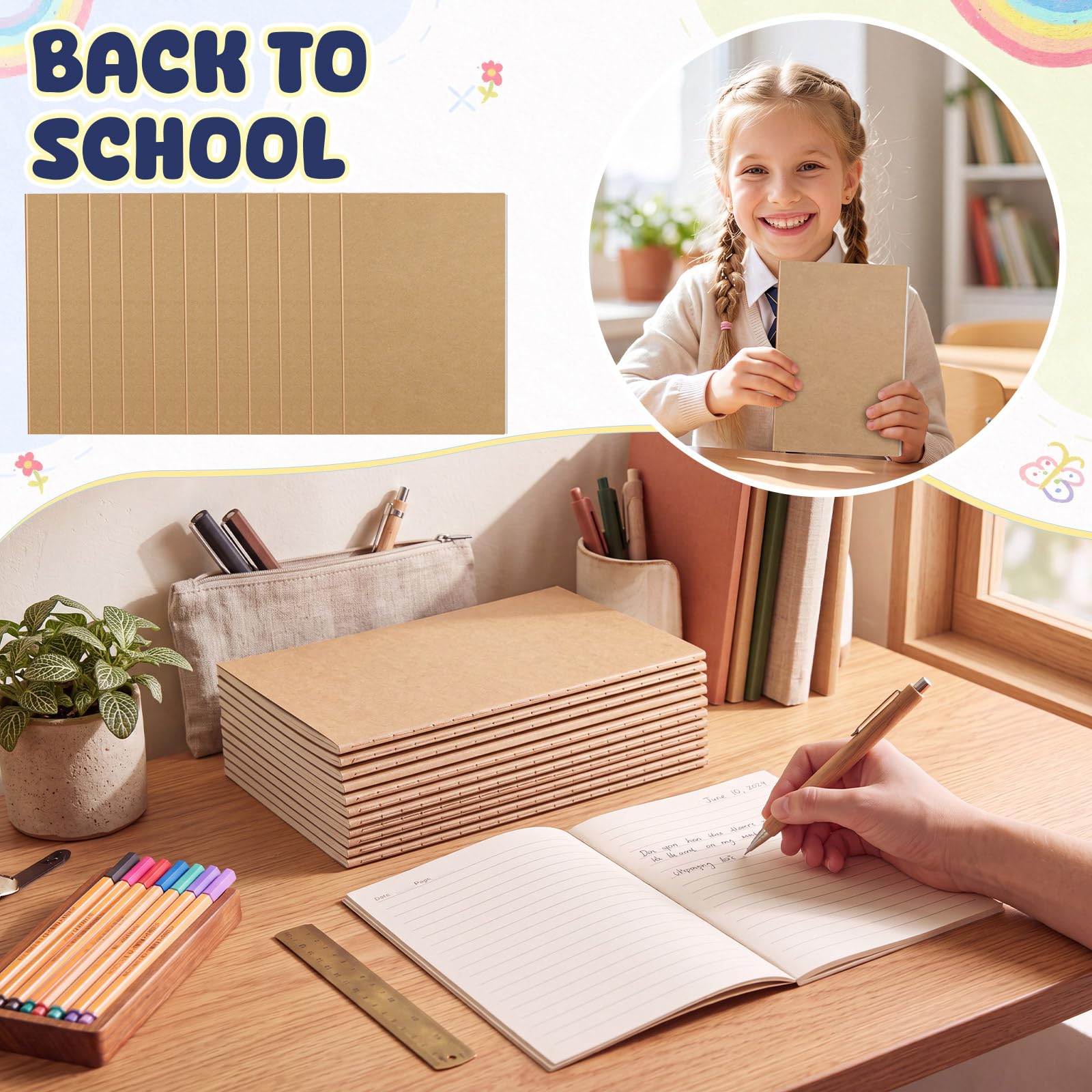 Handepo Confezione da 100 quaderni in carta kraft, 60 pagine, a righe, a righe, copertina morbida, in carta kraft, diari di viaggio, diari per studenti, ufficio e scuola (colore Kraft, A6)