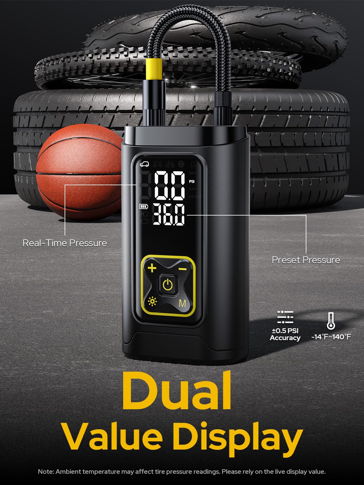WarWolf 150PSI Tire Inflator Portable Air Compressor- 3X Fast Air Pump with Auto Shut-Off,Digital Gauge,LED Light,Cordless Electric Tire Pump for Cars,Motorcycle,Bike and Ball - 2