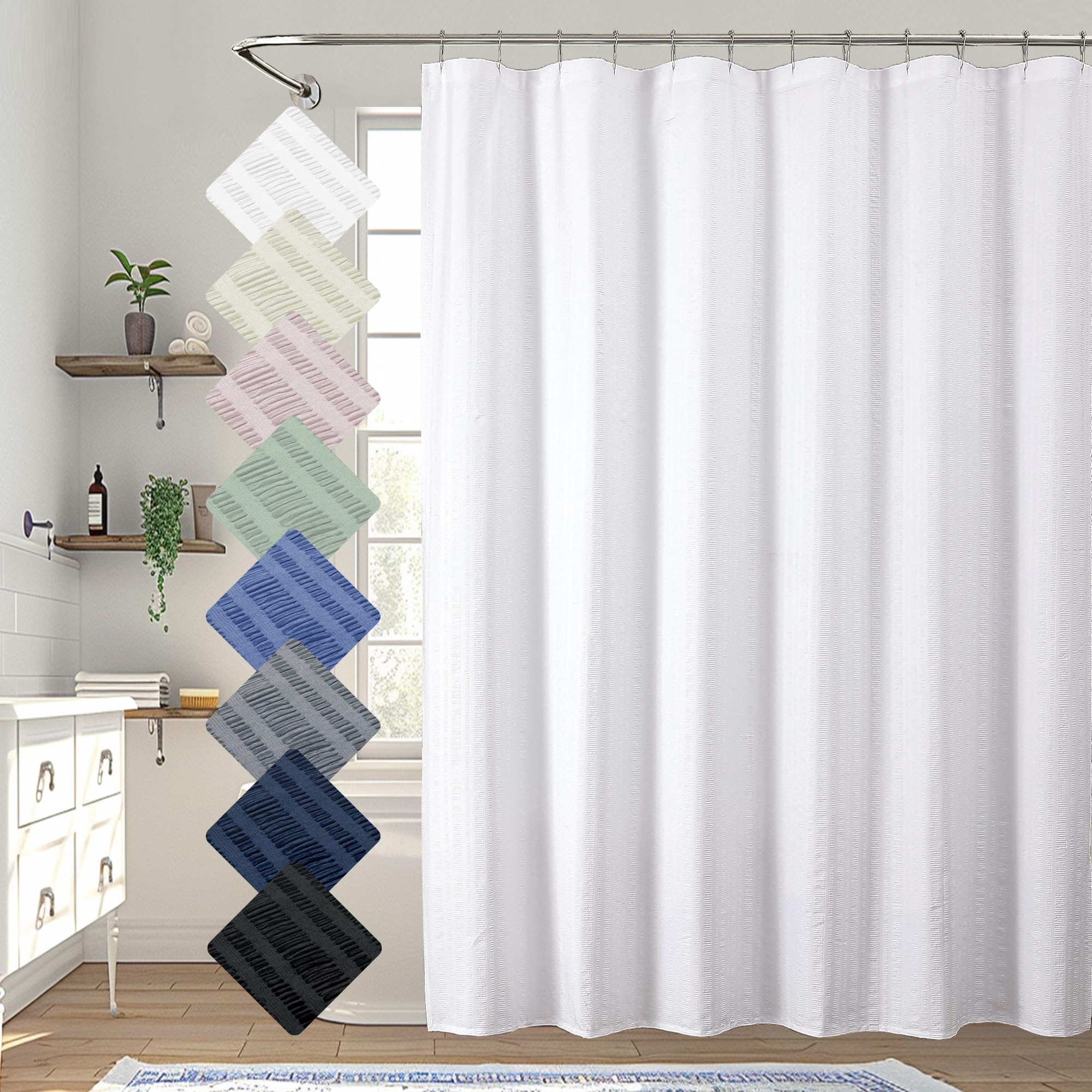Aiyufeng Moga White Long Fabric Shower Curtain Liner 72x78 inches Long, Hotel Quality, Washable, Water Repellent, White Spa Bathroom Curtains with 12 Button Holes, 72x78