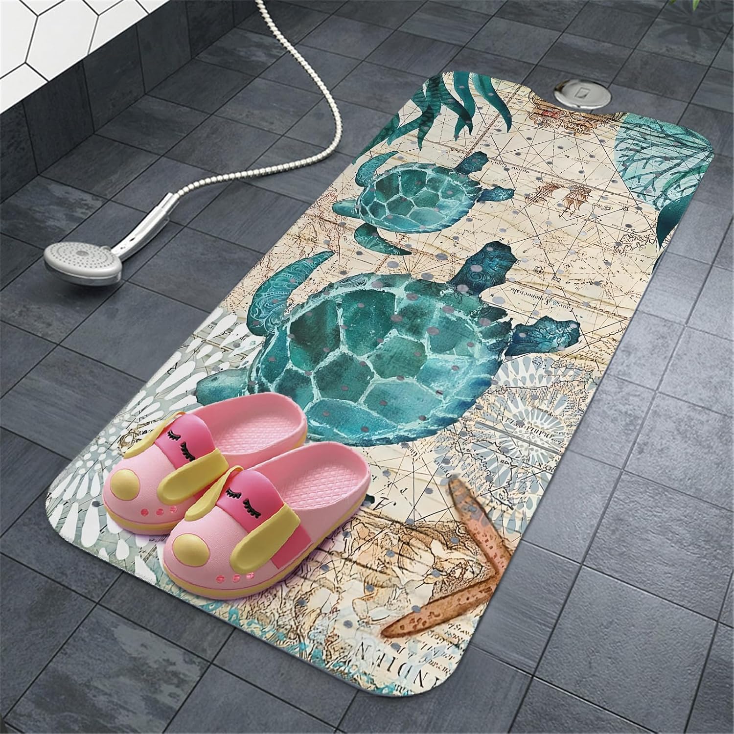 Sea Turtle Bathtub Mat Non Slip, Baby Bath Mat for Tub Rubber Tub Mat, Cute Kids Bath Mats for Bathroom Ocean Beach Anti Slip Shower Mat with Suction and Drain Holes Machine Washable, 40″X16″ - Image 7