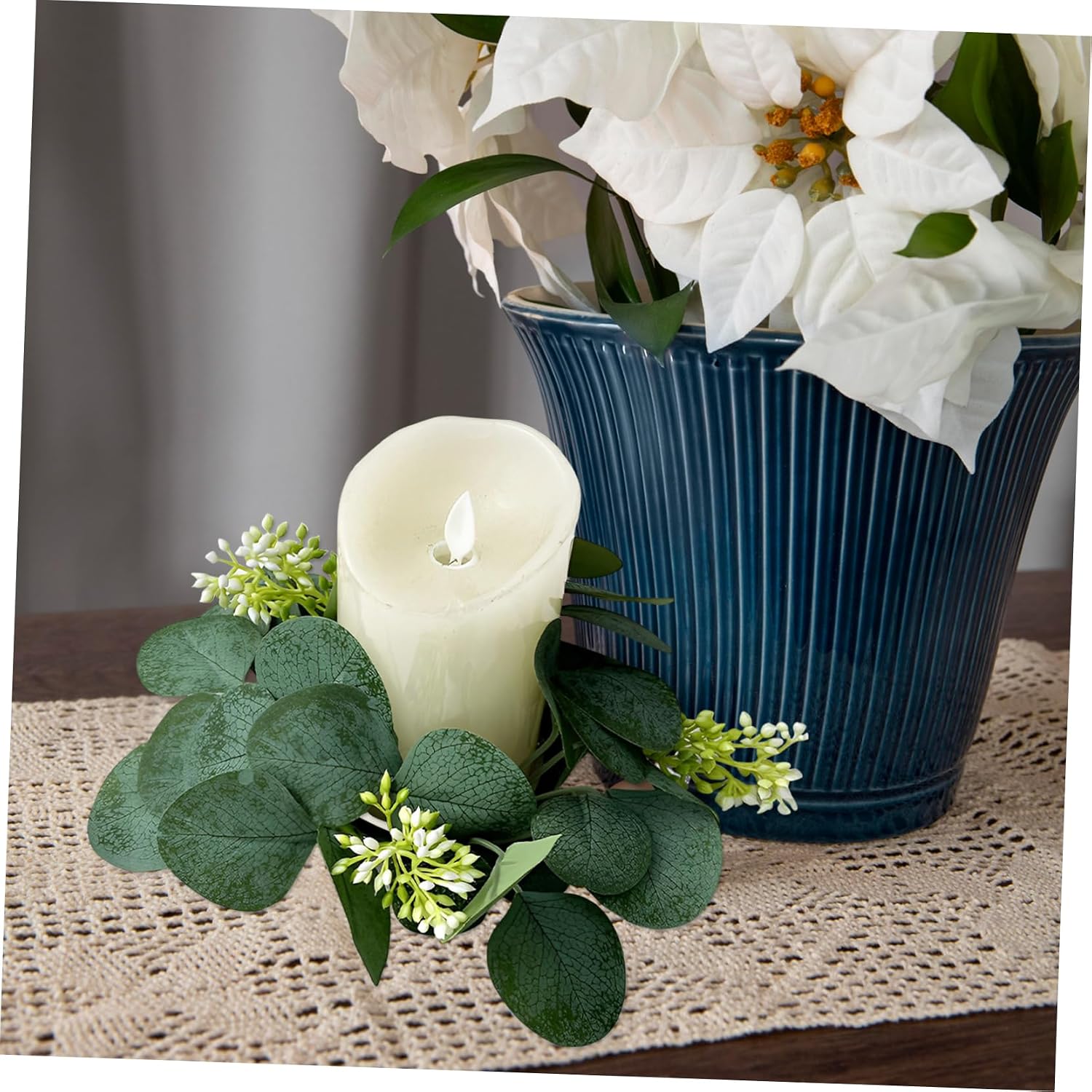 IMIKEYA Candle Ring Wreath Faux Greenery Eucalyptus Centerpiece Artificial Plant Decor for Home