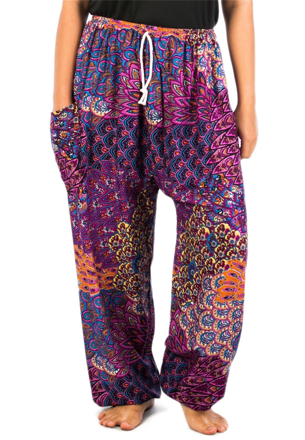 Lofbaz Women's Peacock 1 Purple Peacock Drawstring Harem Boho Pants Purple 4XL