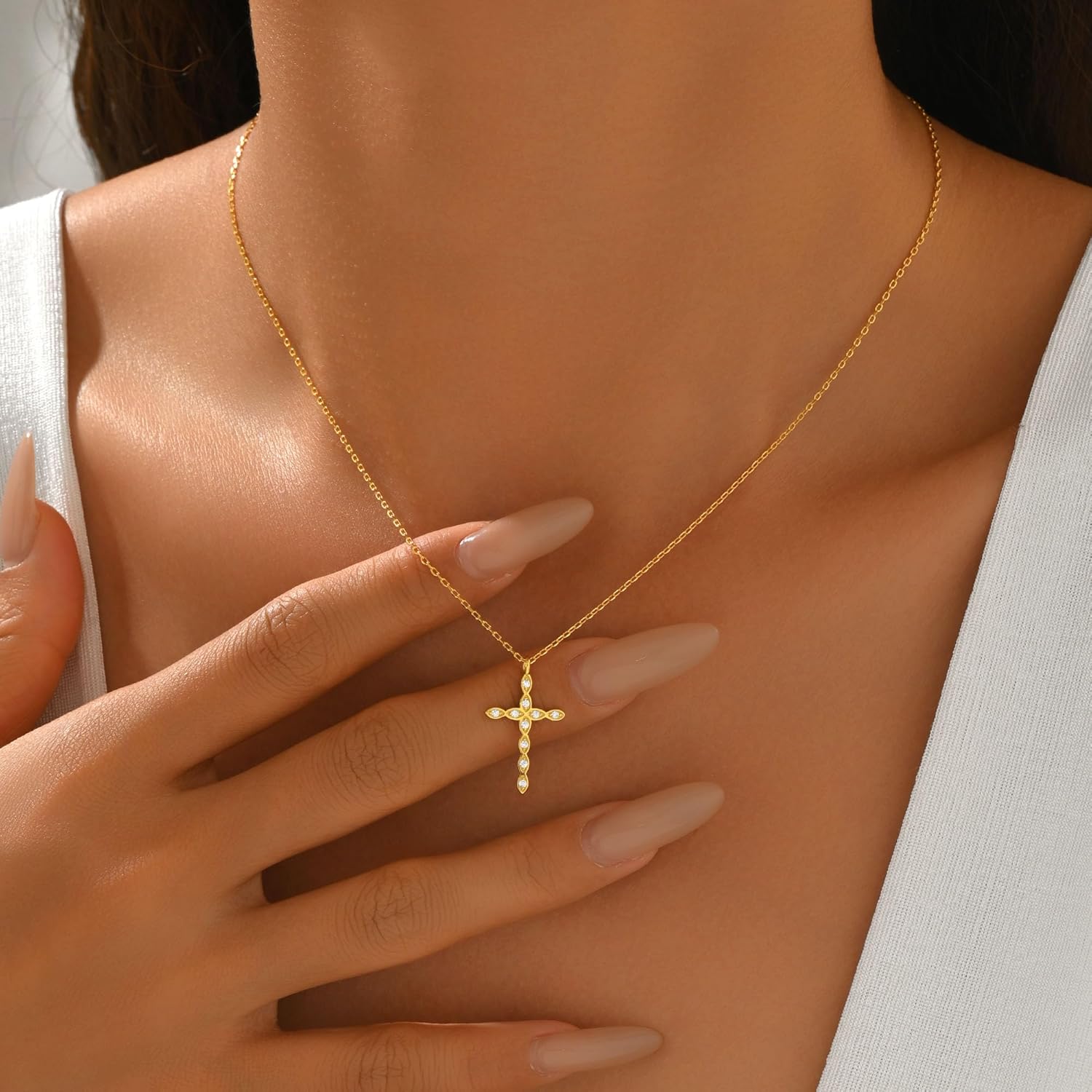 925 Sterling Silver Cross Necklace for Women 14K Gold Plated Dainty CZ Cross Pendant Choker to Daughter Mom Simple Trendy Cute Cross Charm Chain Necklace Religious Faith Valentine's Day Jewelry Gifts - Image 4