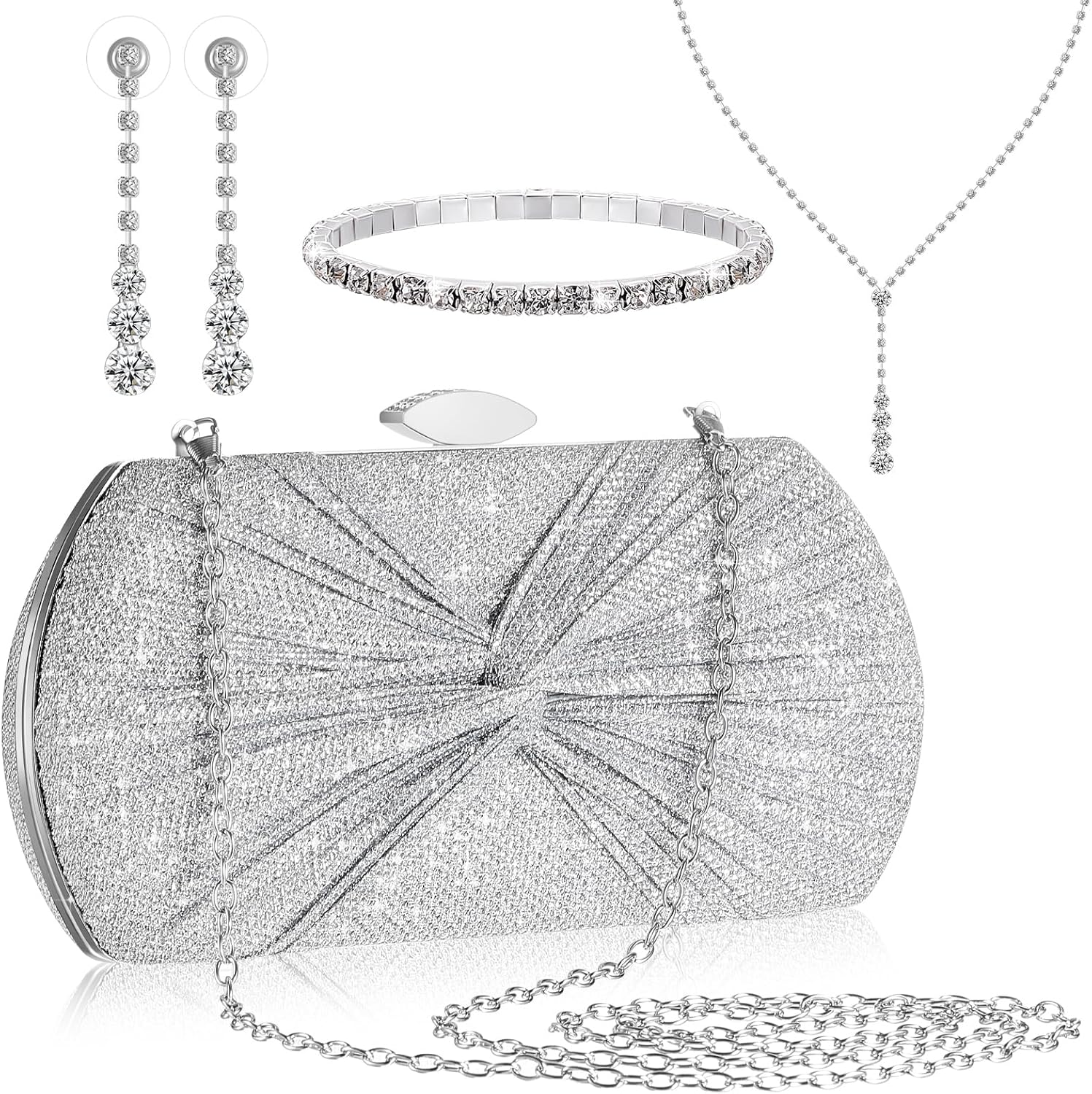 Blosssound 4 Pcs Silver Clutch Purse Jewelry Set for Women Includes Rhinestone Purse Silver Hand Bag Crystal Necklace Earrings Bracelets for Bridal Wedding Evening Party Accessories