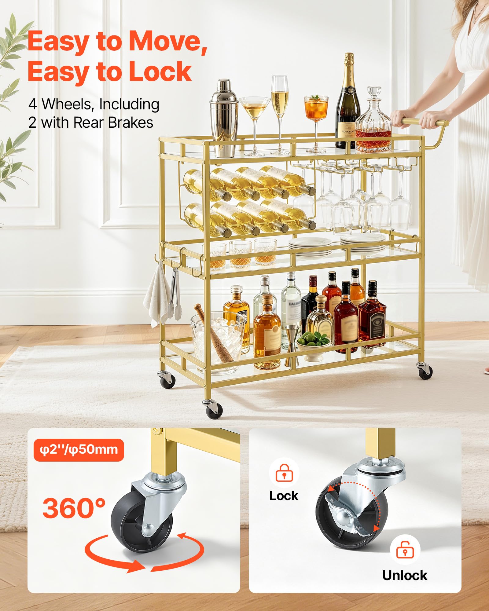 VEVOR Carro de Bebidas con Botellero de 3 Niveles, Carrito de Servicio con Ruedas y Asa, Estantes de Vidrio Espejado, Soporte para Copas, para Sala de Estar, Comedor, Cocina, 88x38x89 cm, Dorado