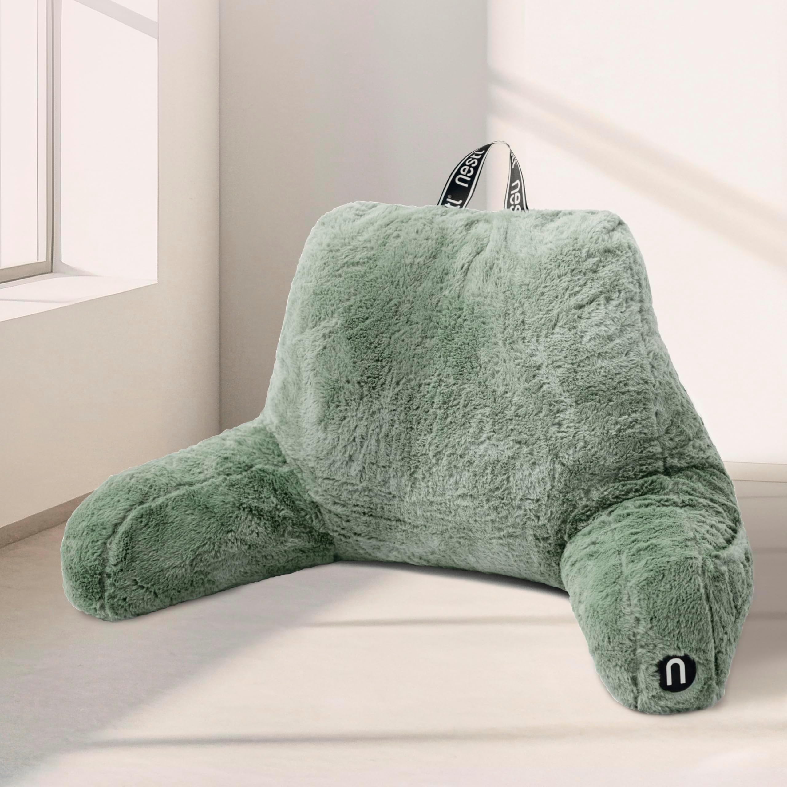 Nestl Fur Reading Pillow, Stylish Back Pillow for Bed Sitting Up, Faux Fur Bed Chair Pillow with Arms, Reading Pillows for Sitting in Bed Adult & Kids, Back Support Pillow for Bed Rest - Sage Green