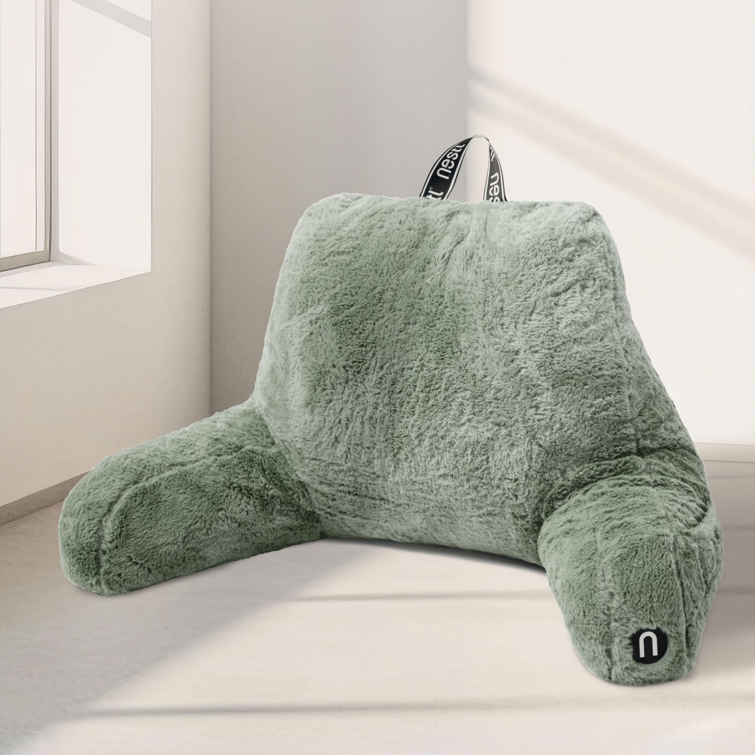 Nestl Fur Reading Pillow, Stylish Back Pillow for Bed Sitting Up, Faux Fur Bed Chair Pillow with Arms, Reading Pillows for Sitting in Bed Adult & Kids, Back Support Pillow for Bed Rest - Sage Green