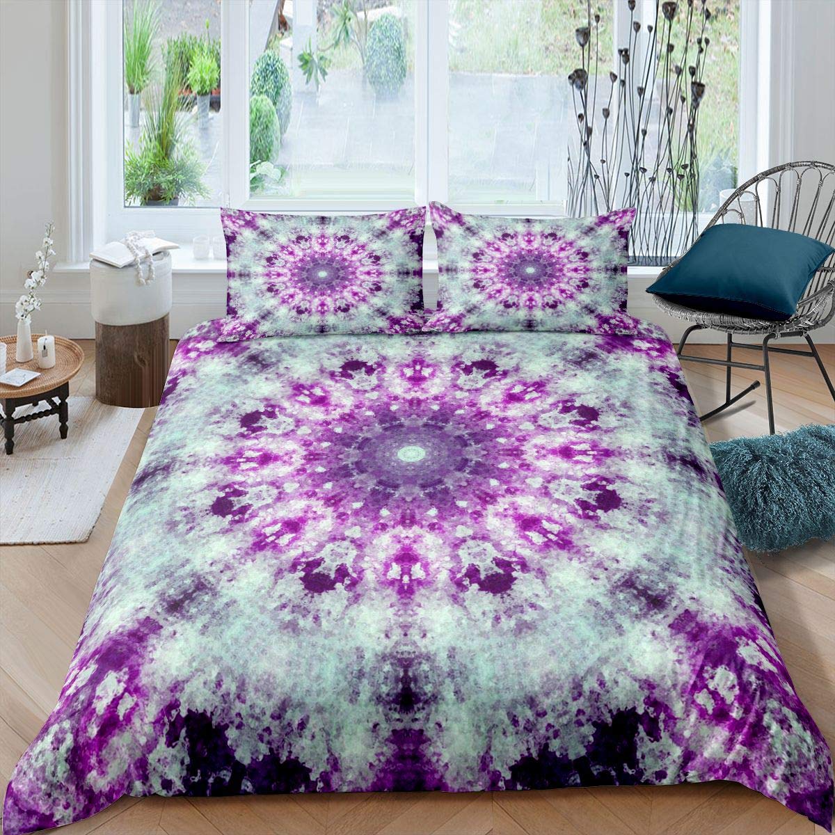 Homemissing Tie Dye Duvet Cover Paisley Bedding Set Boho Psychedelic Swirl Comforter Cover for Boys Girls Kids Bohemian Gypsy Hippie Mandala White Purple Bedding & Linen Double