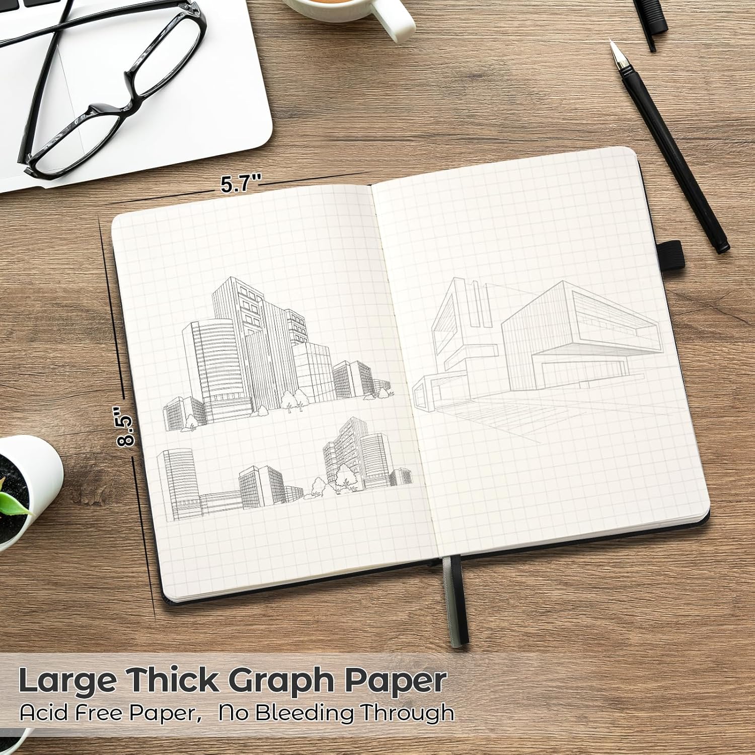 Graph Paper Notebook, 7 Pack Hardcover Notebook, Grid Notebook Journal for Women, Men, Large Leather Journals for Writing, Thick Paper, A5 Notebooks for Work, School Supplies, Engineering, 5.7"x8.5"
