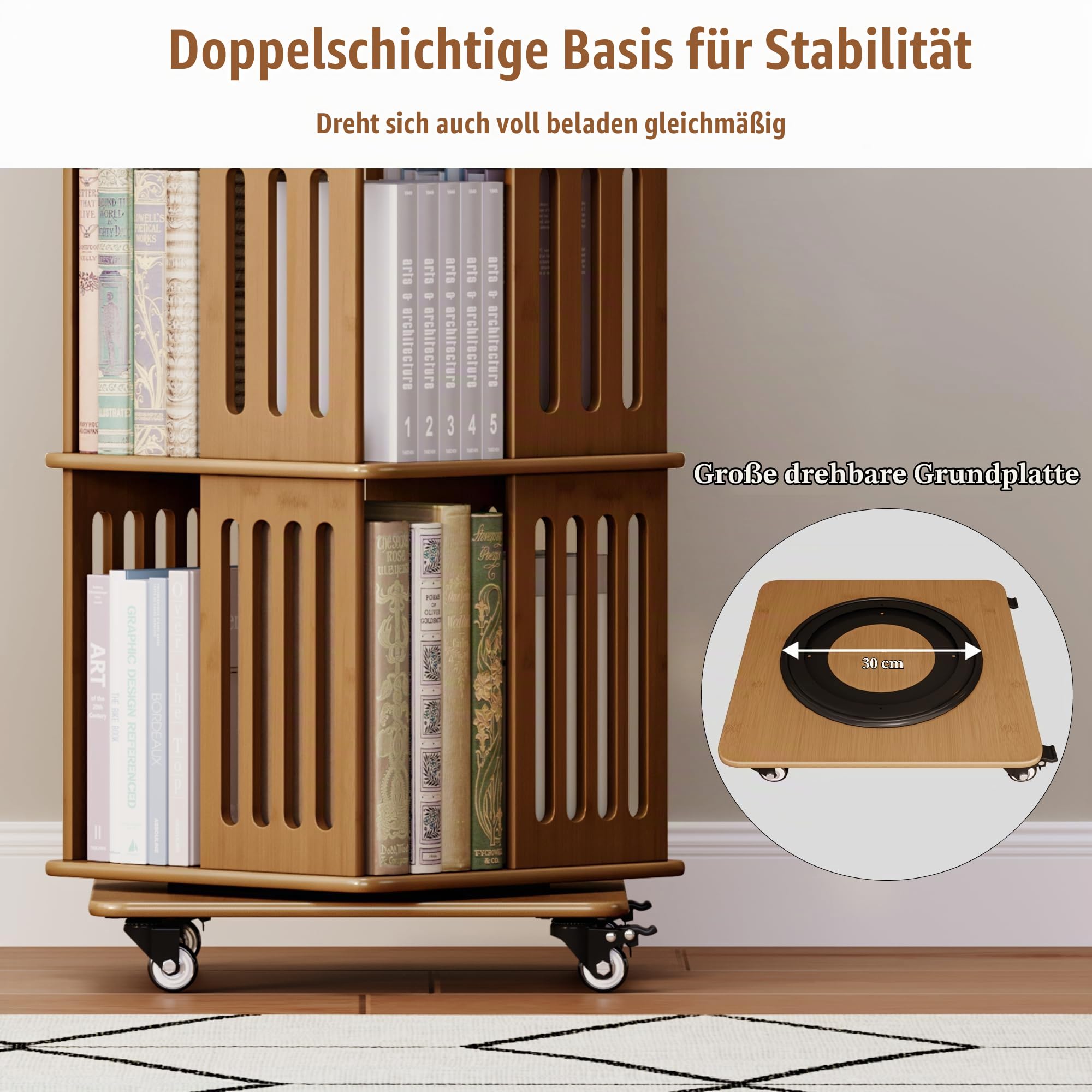 Drehbares Bücherregal aus Holz, Quadratisch, 5-Ebenen