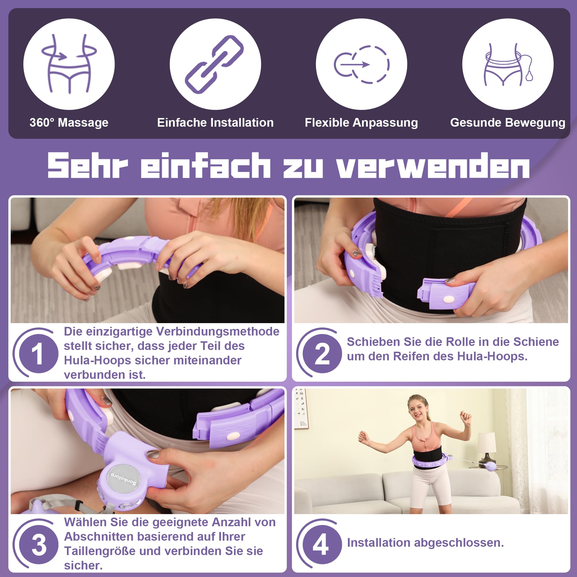 Gewichteter Smart Hula-Hoop mit LED, 44 Zoll ideal für Gewichtsverlust. Inklusive Ball Bauchmuskeltraining mit Taillengürtel, perfekt für zuhause(Lila)