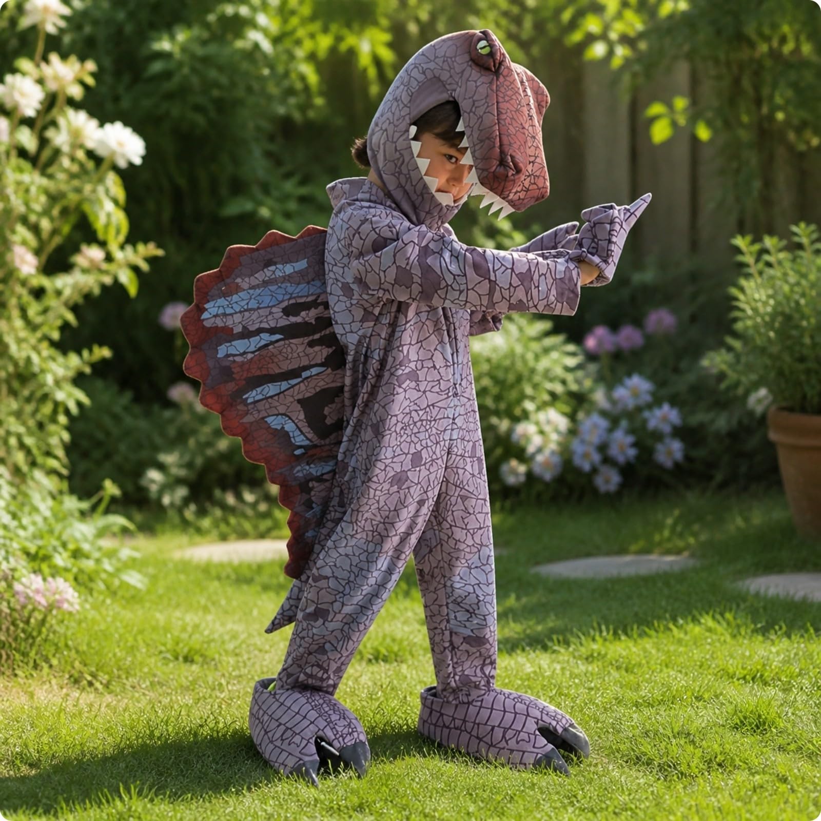 Tuta da Dinosauro con Cappuccio Monopezzo, Costume da Dinosauro con Cappuccio, Morbido, per Feste di Compleanno, Bambini, S, Spinosauro