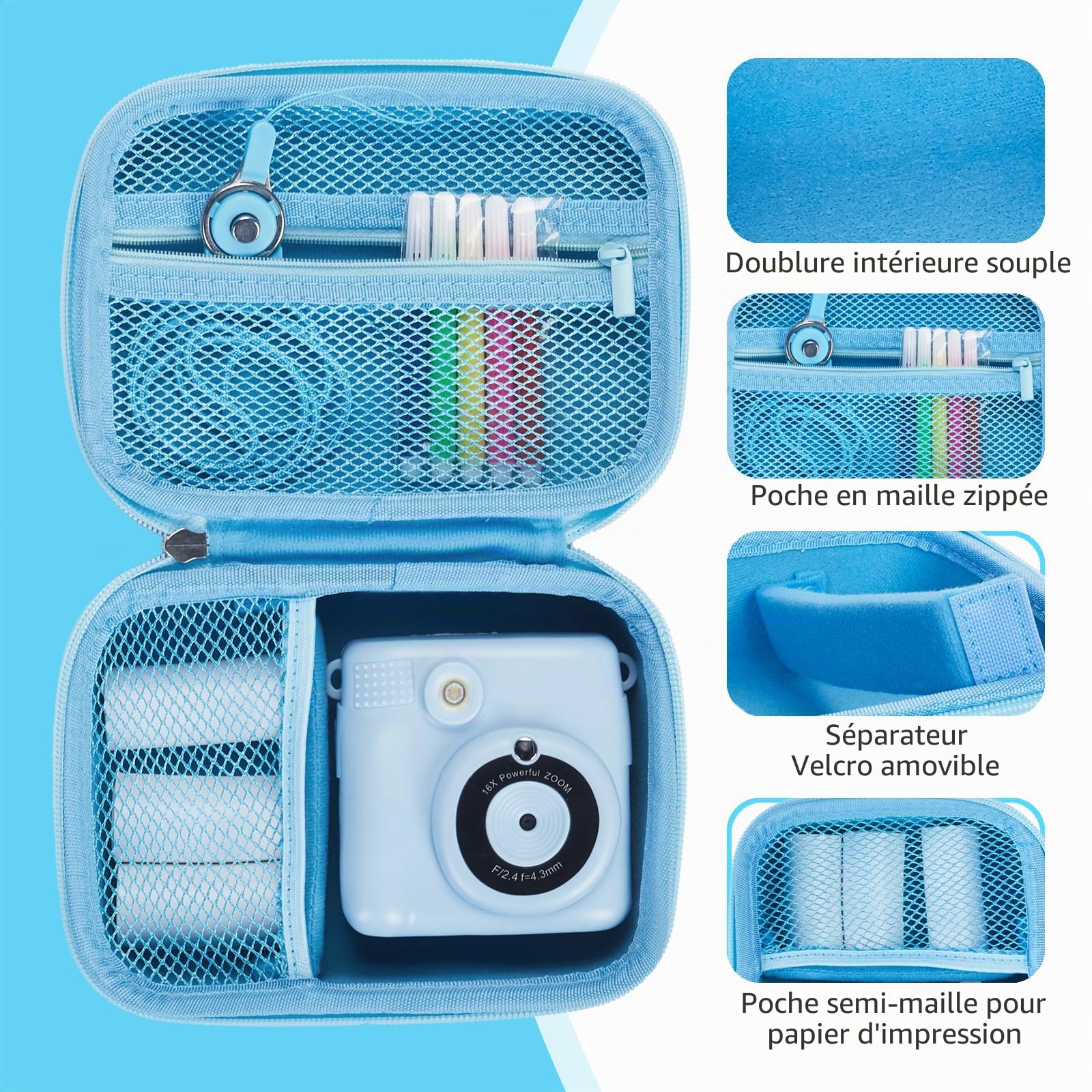 Etui Appareil Photo Résistant aux Chocs avec Dragonne pour Enfant - Bleu