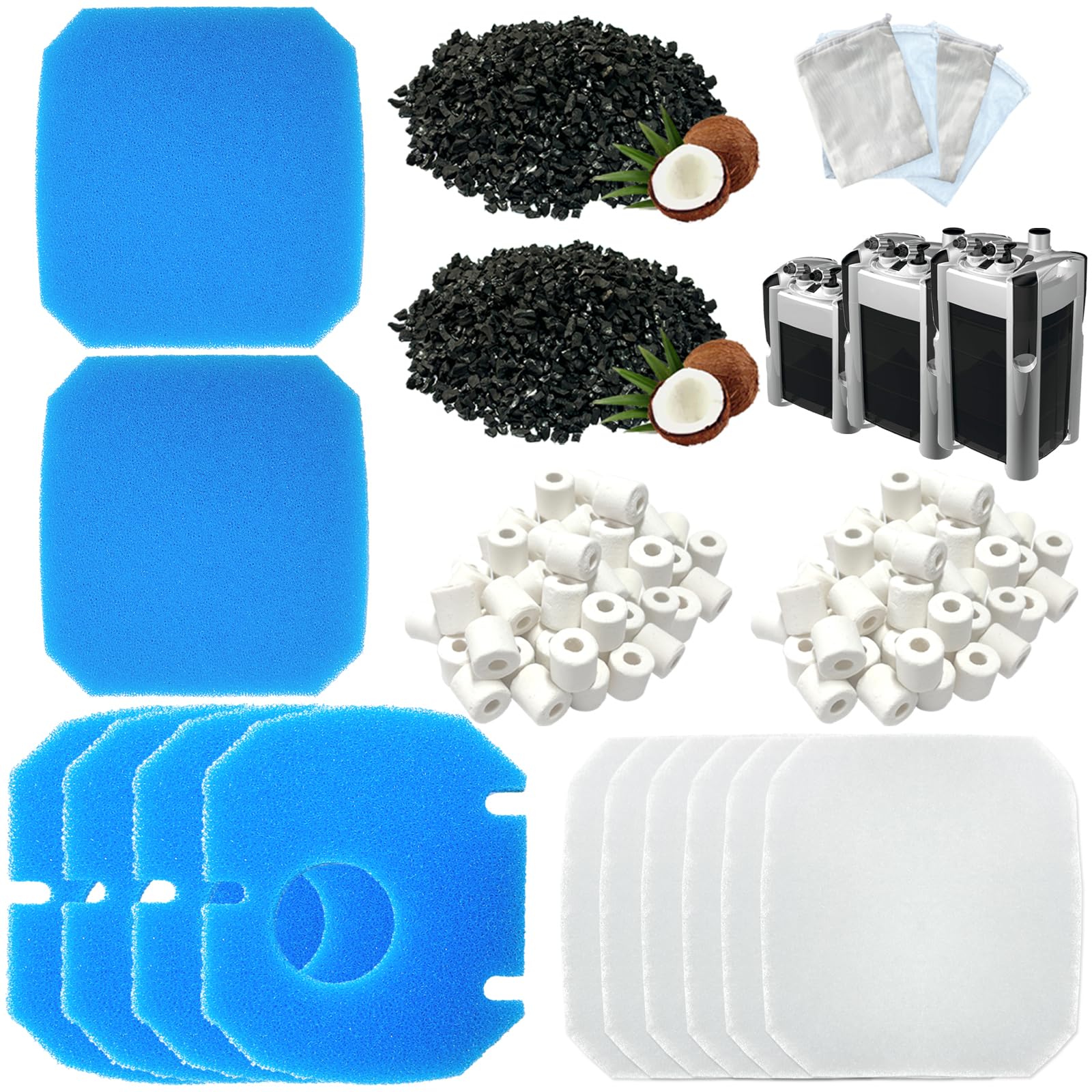Lot de 14 filtres de rechange pour aquarium compatibles avec les filtres JBL CombiBloc II CristalProfi e402/e702/e902, avec insert de pré-filtre, mousse à filtre fin 6028800, charbon actif et anneaux