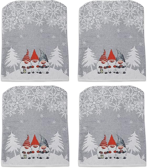 Pectt 4 Pcs Christmas Dining Chair Back Covers, Xmas Chair Back Covers Slipcovers with Snowflakes and Gnome Pattern, Christmas Decor Kitchen Chair Slip Covers for Holiday Decor