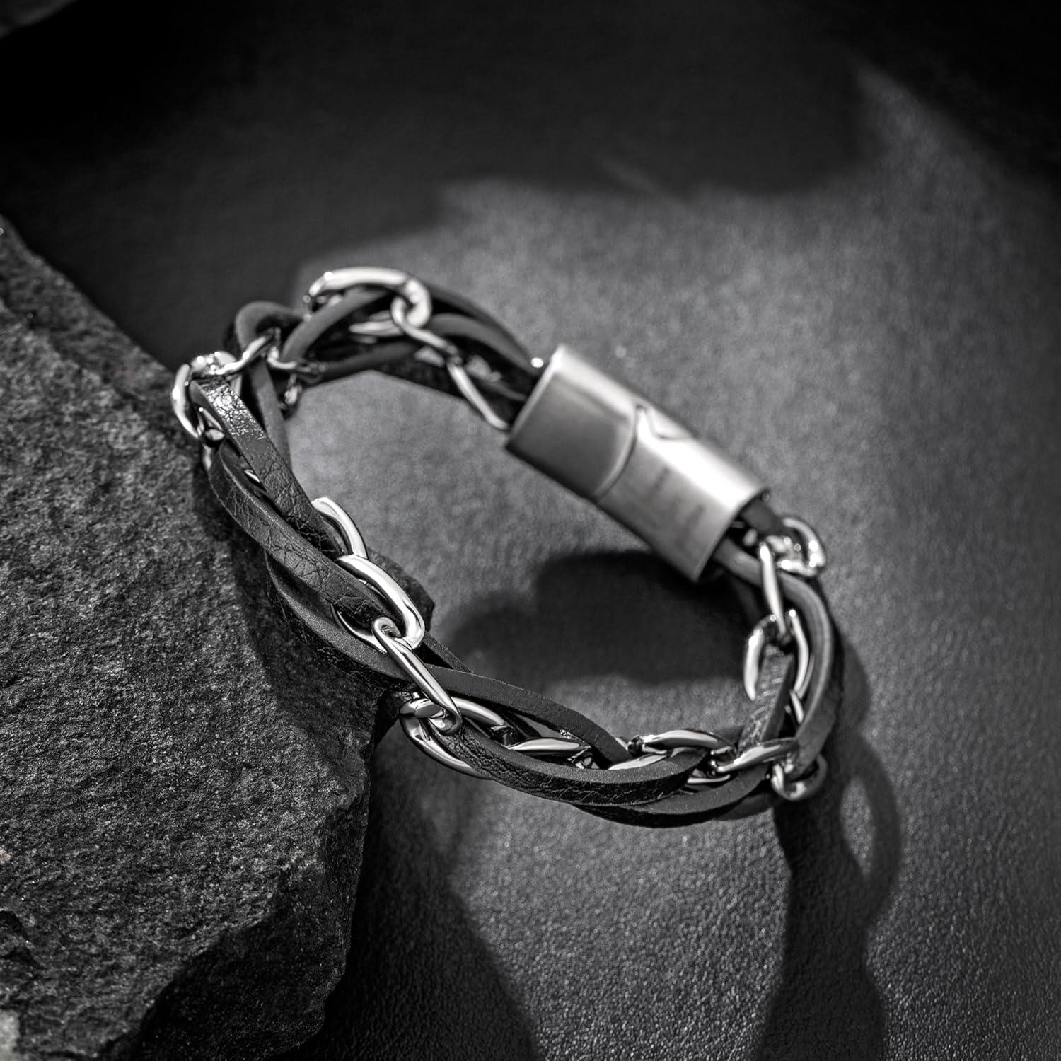 murtoo Mens Bracelet Leather and Steel, Stainless Steel Chain Bracelet with Braided Leather and Magnetic Clasp, Stylish Gift for Men Boys (Silver, Black Leather, 7.5 inch) - Image 5