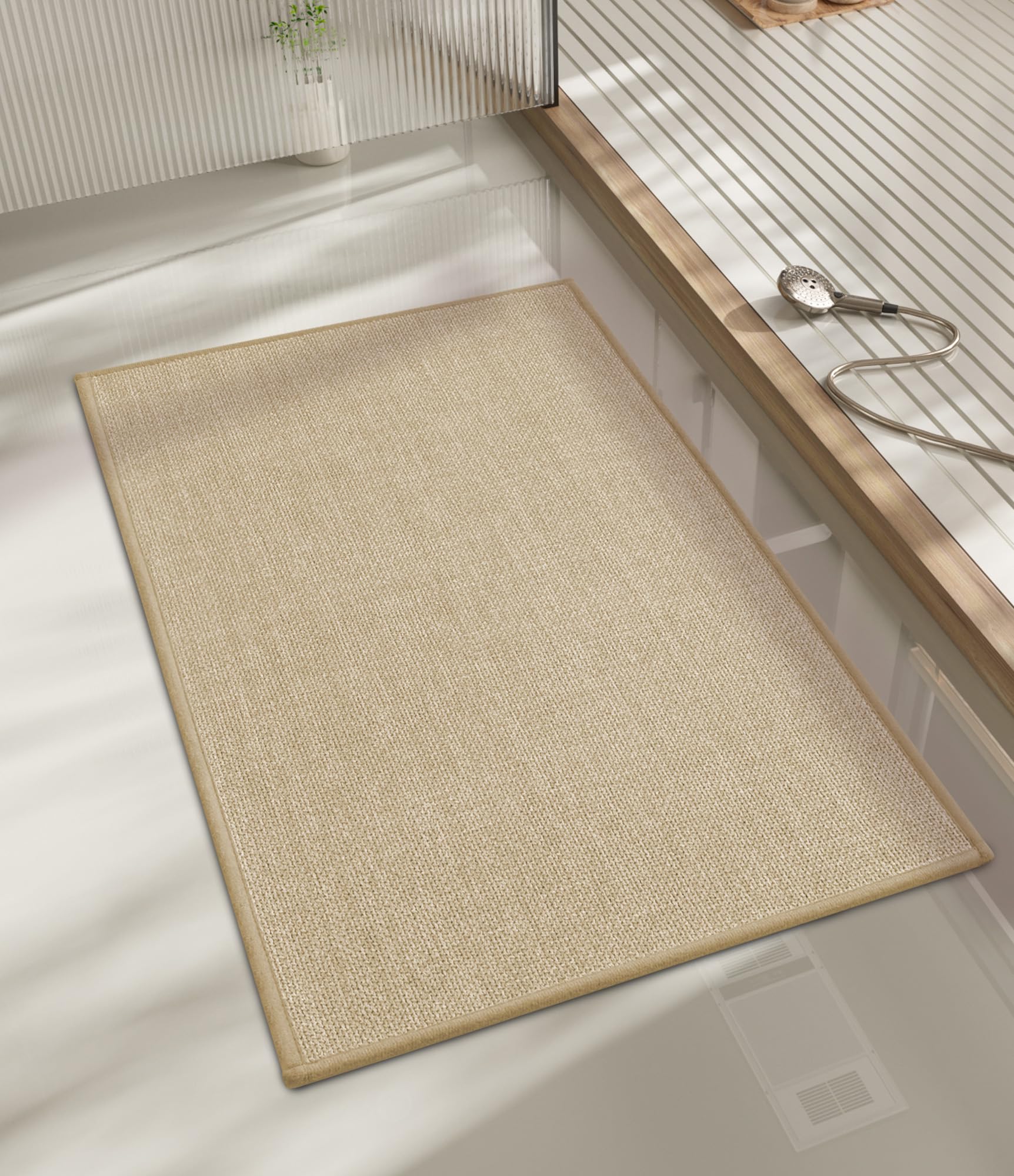 chakme Bathroom Rugs Mat 32x17, Ultra Thin Non Slip Bath Mat Quick Dry Absorbent Bath Mat for Bathroom Floor, (Light Beige, 32"x17")