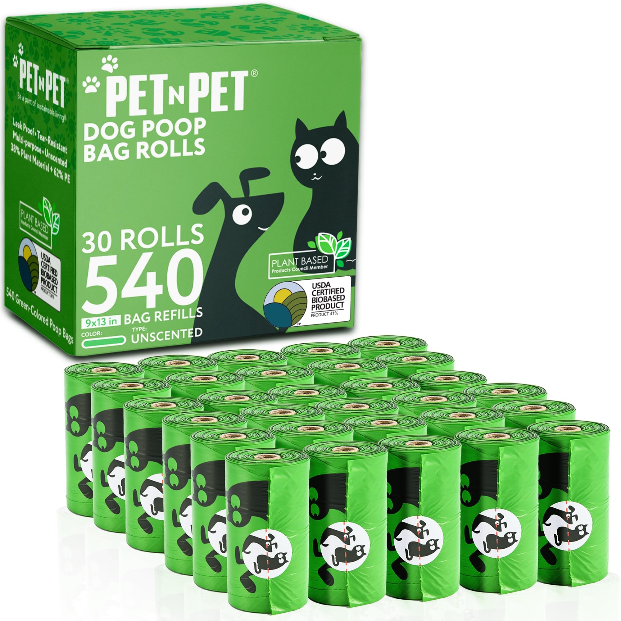 PET N PET Dog Poo Bags, USDA Certified 41% Plant Based, Thick and Leak Proof Dog Waste Bags Rolls, Unscented, 540 Count