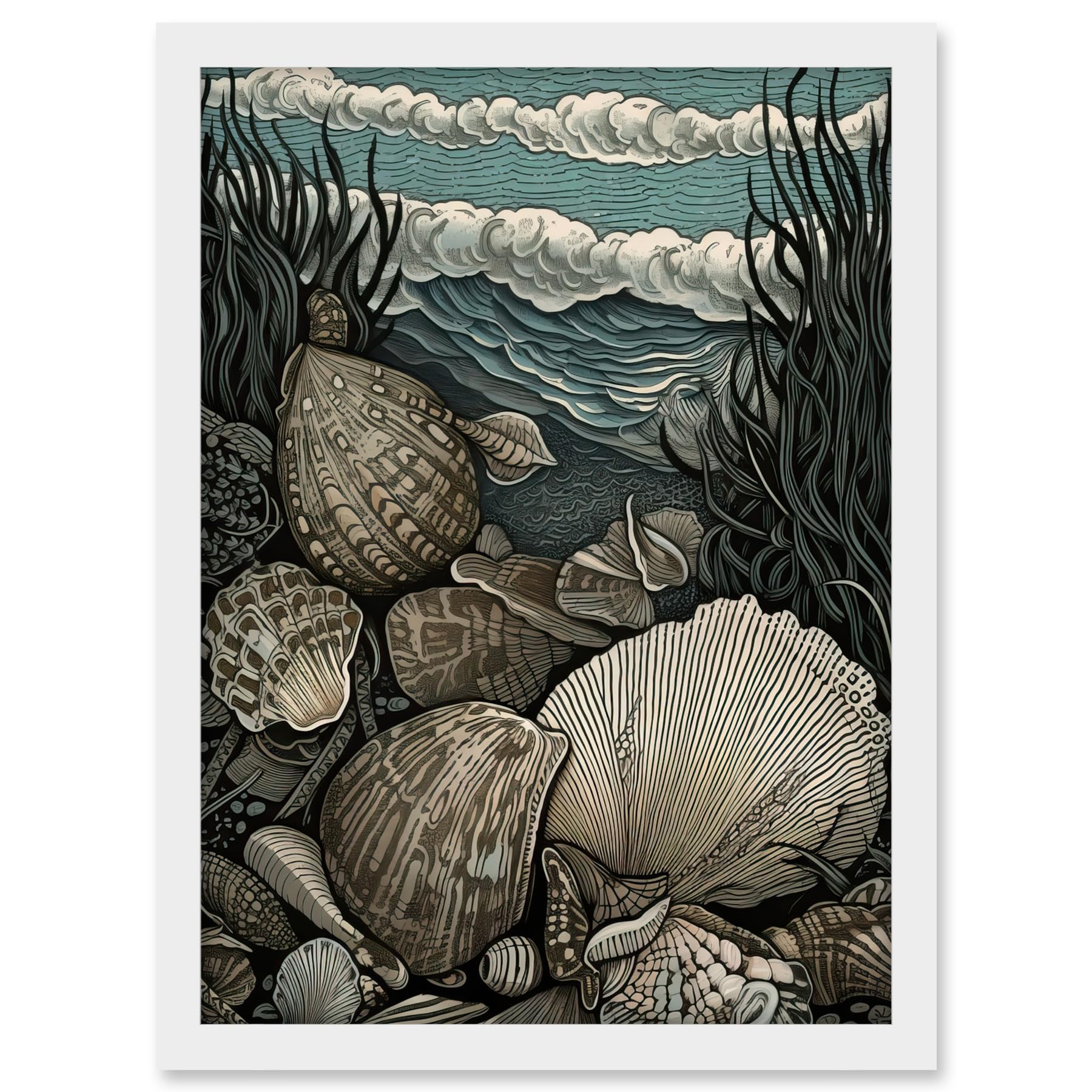 Artery8 Seashells by the Shore Modern Coastal Illustration Artwork Framed A3 Wall Art Print