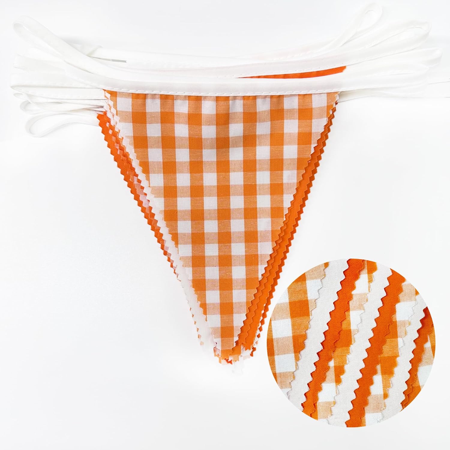 32Ft Orange Party Decorations Orange Buffalo Plaid Checkered White Triangle Flag Gingham Pennant Bunting Fabric Garland Streamers for Fall Autumn Wedding Birthday Thanksgiving Picnic Garden Decor - Image 2