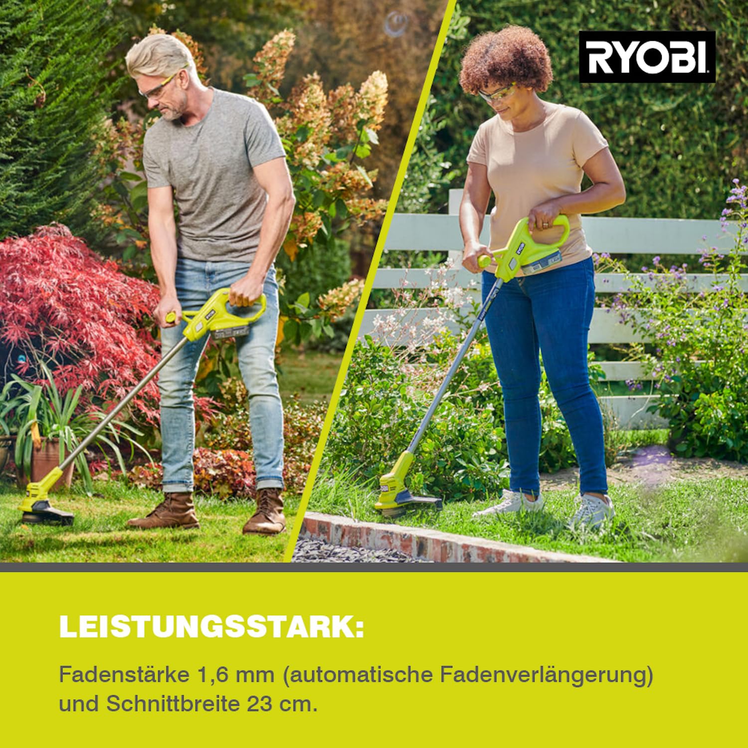 RYOBI 18 V ONE+ Akku-Rasentrimmer RY18LT23A-0, 23 cm Schnittbreite, EasyEdge, Metallstiel