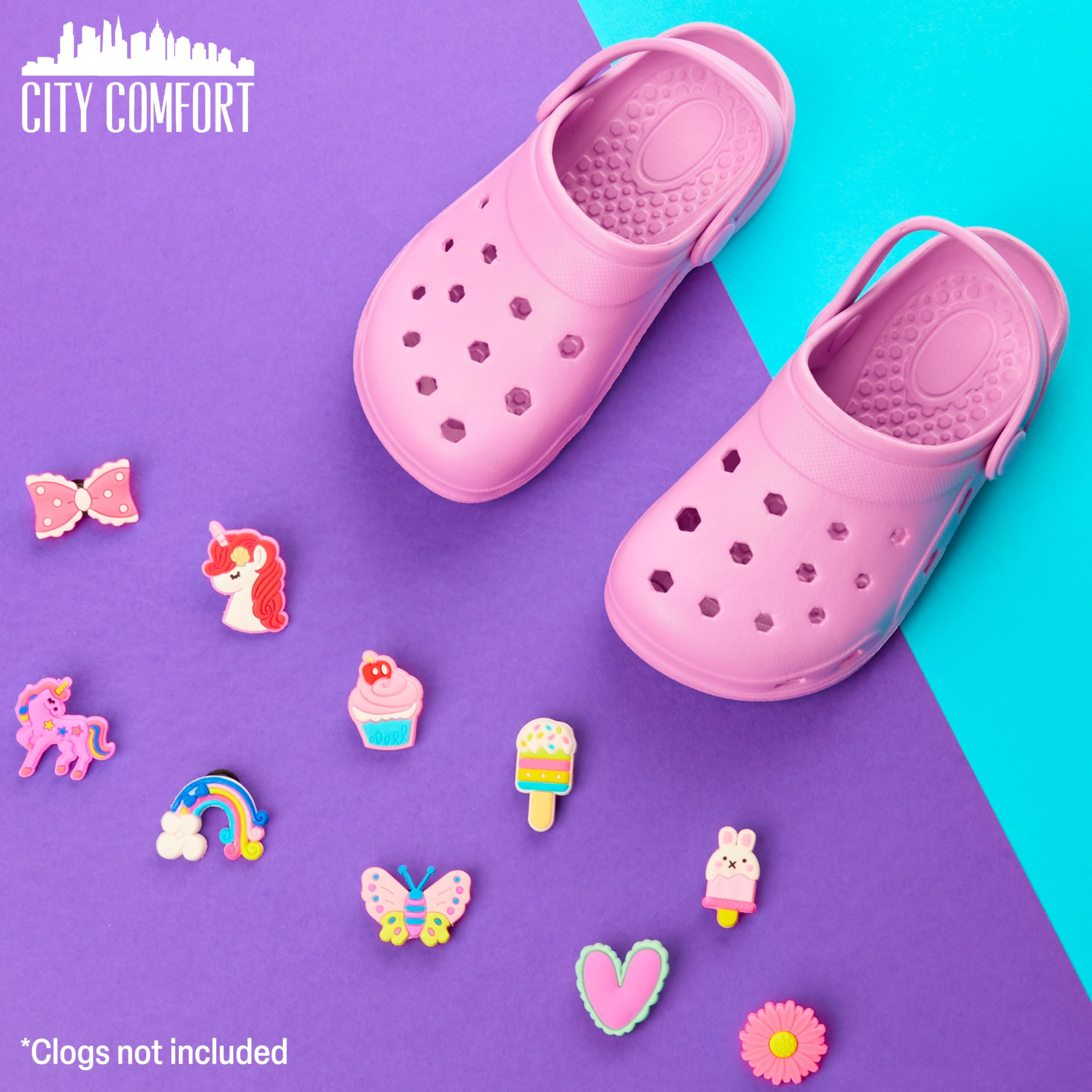 CityComfort Charm Schuhanhänger, 10er-Pack Schuhanstecker, Schuh Charms Anhänger für Sandalen oder Clogs Kinder (Rosa/Lila)