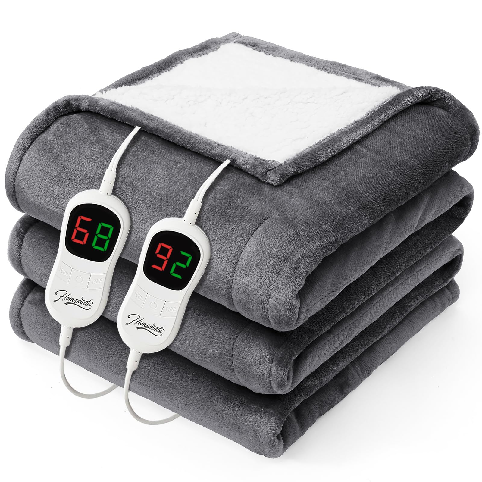 HomemateHeated Electric Blanket Queen Size - 84"x90" Heating Bed Blanket Throw with 10 Heating Levels 8 Hours Auto Off Fast Heating Over-Heat Protection Ultra Soft Flannel ETL Certified, Grey