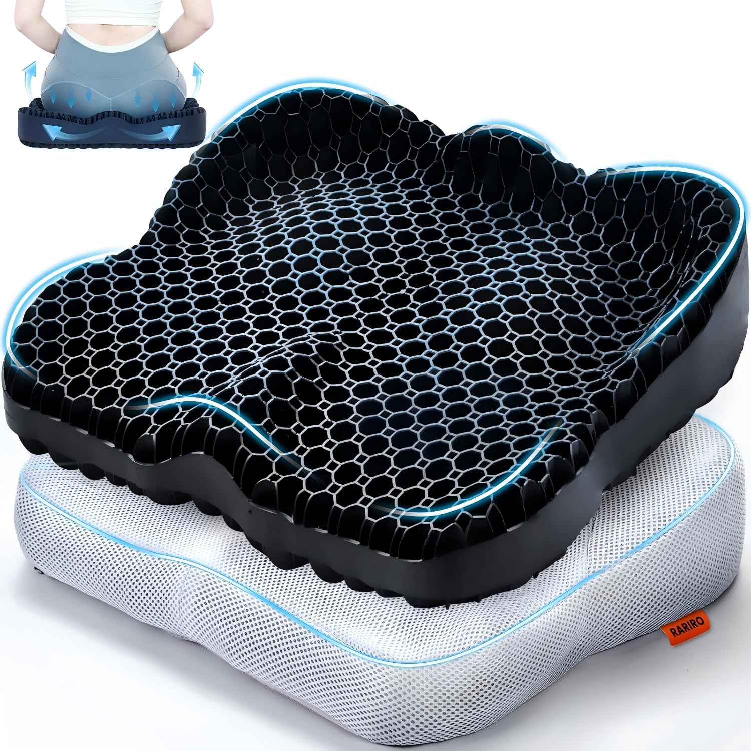 RARIRO Gel Seat Cushion Office Pressure For Long Sitting Egg Seat Cushion Wheelchair Breathable Honeycomb chair Support Office Car Soft Sitter chair Cushions Relief Double Thick Meditation -Black
