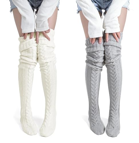 Pcavin Women's Thigh High Socks, Extra Long Over the Knee Boot Leg Warmers | Cable Knit Texture, Warm Thick Knit, Over Knee Length, Winter Boot Socks, Soft Leg Warmers, Sweater Stockings - 2pcs-white&gray