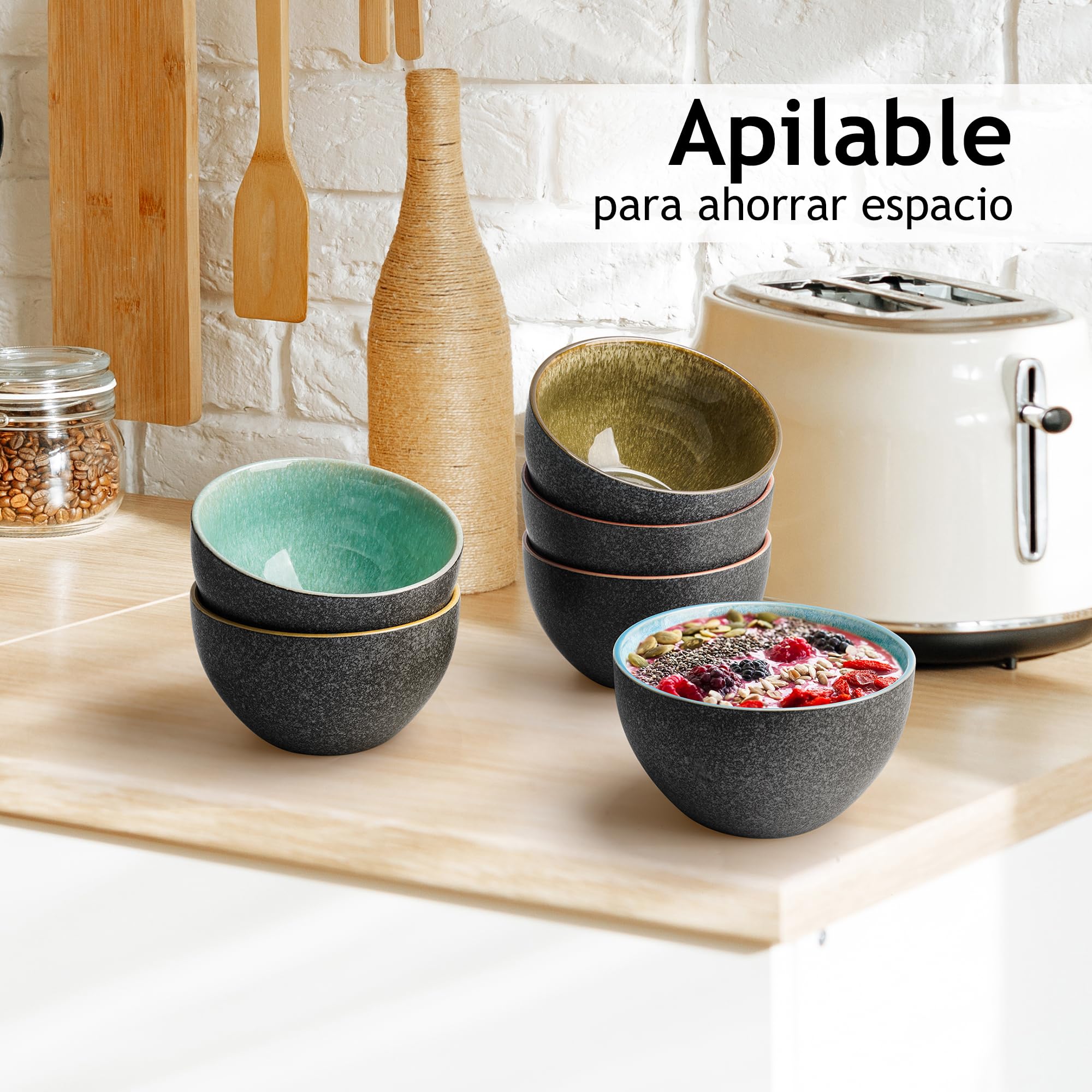 MIAMIO – 750 ml, Juego de 6 Cuencos, Cuenco de Cerámica, Cuencos de Ensalada, Cuenco de Sopa, Cuenco de Cereales – Apto para Microondas y Lavavajillas – Colección Las Palmitas