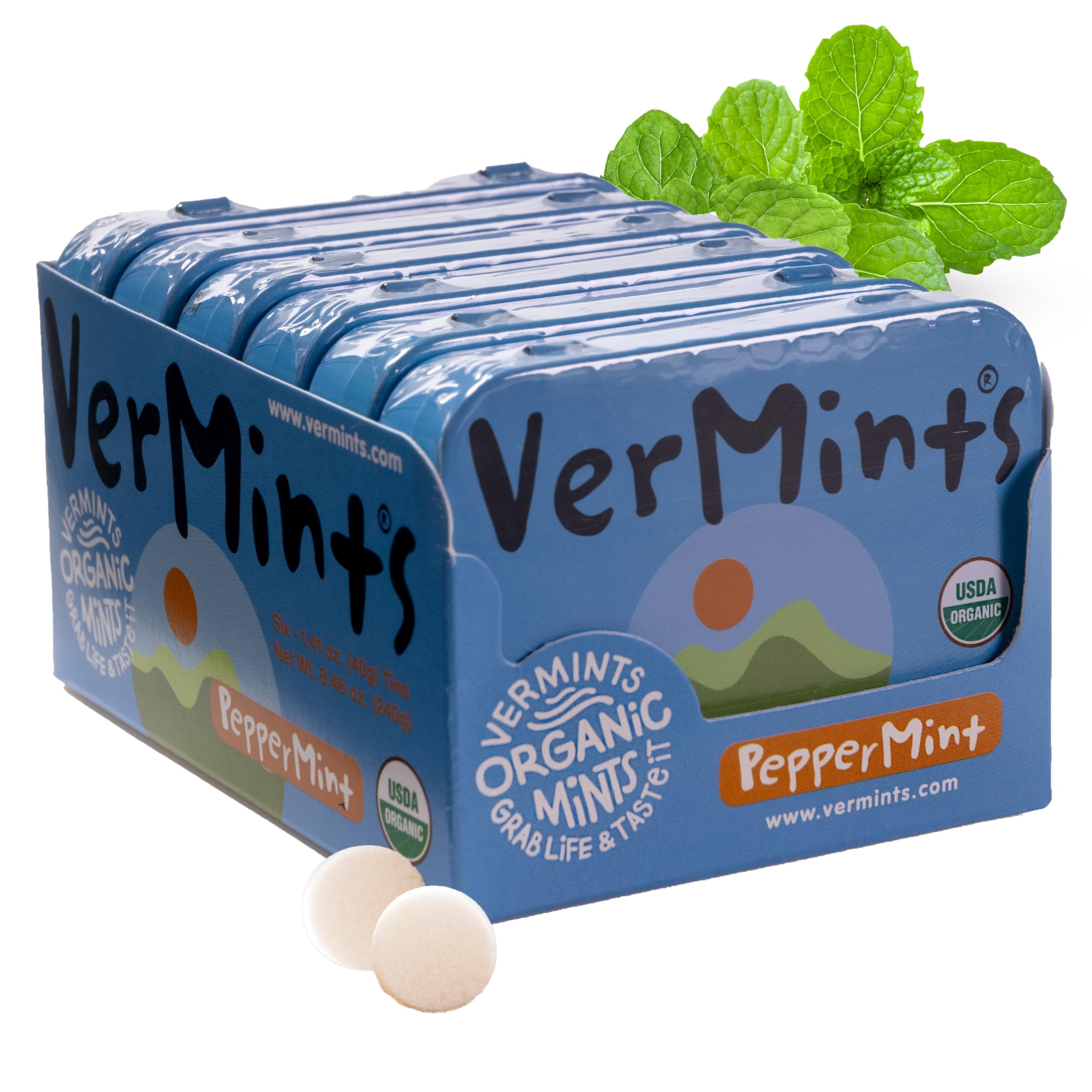 VerMints Organic Breath Mints PepperMint Candy Mints for Real Long-Lasting Flavor, Travel Size Tin - Non-GMO, Nut Free, Gluten Free, Vegan, Kosher Peppermints - 1.41oz Tins (Pack of 6)USDA Organic