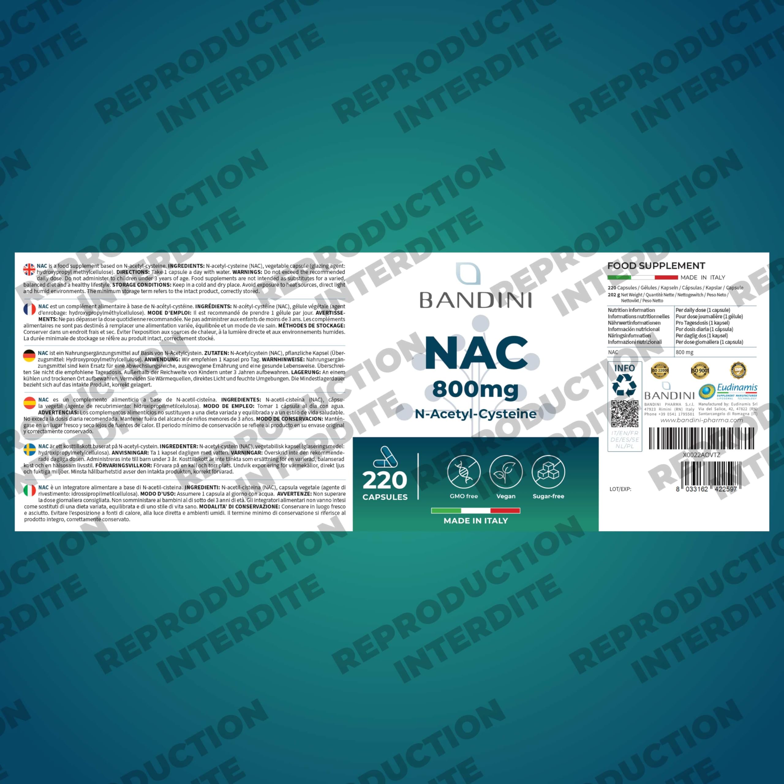 Bandini® NAC 800 mg par capsule | 220 gélules pour +7 mois | N-acétyl-L-cystéine | Haute biodisponibilité et tolérance | Antioxydant Hautement dosé, Qualité supérieure, 100% Végétalien, sans Additifs