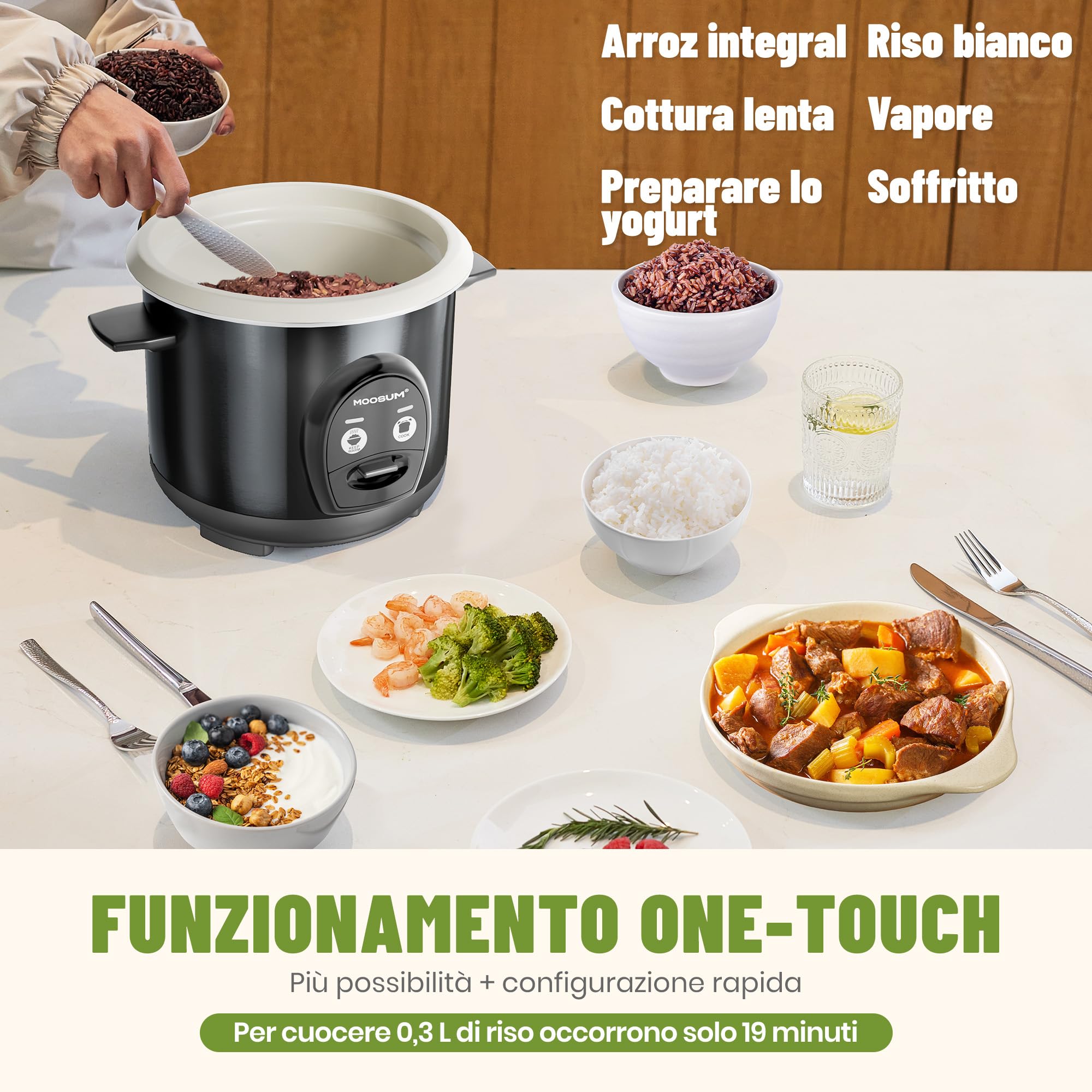 Cuociriso & Comando a un Pulsante, 0,6L per 1-3 Persone, Preparazione Veloce Senza Bruciature - con Funzione di Mantenimento in Caldo, Ferrosoc