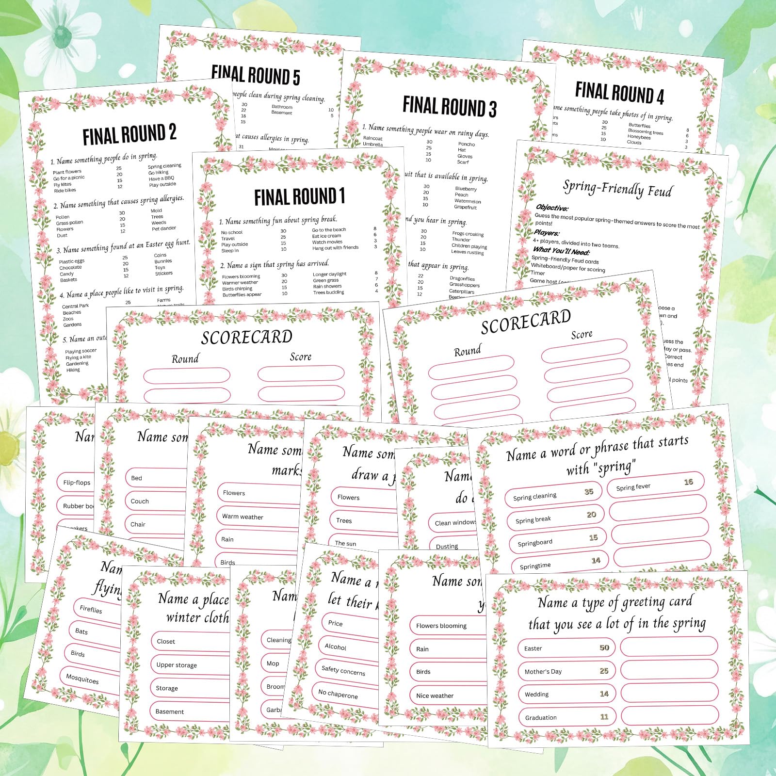 Juego de feudo amigable con la primavera con zumbadores de 2 respuestas, tarjetas de enemistad florales para juegos familiares, diversión nocturna, cuestionario de trivia para fiestas, oficina