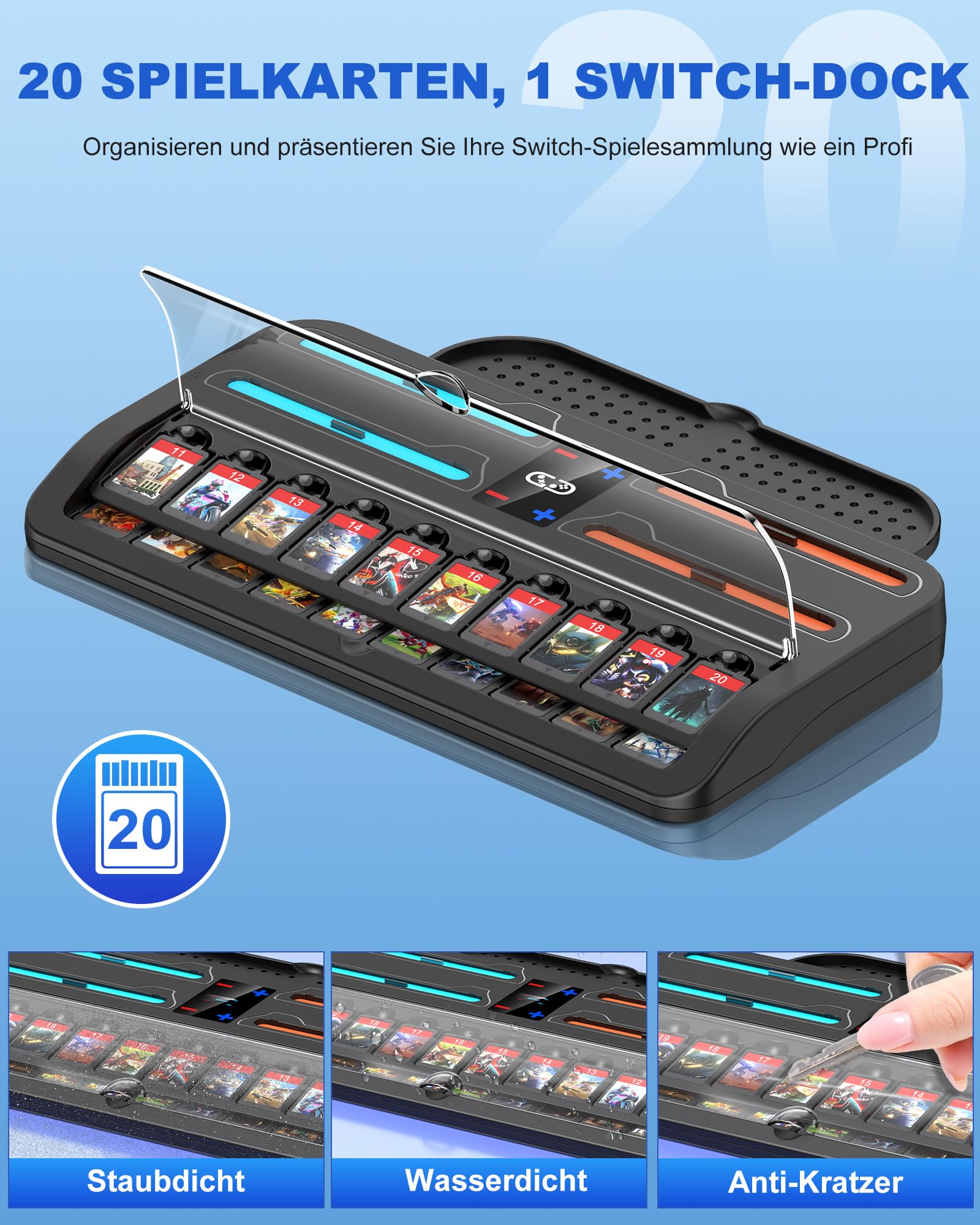 Switch Ladestation für Nintendo Switch 2, 2.5 Stunden Controller Ladestation für Joycons mit 20 Spielesteckplätzen, Spiele Aufbewahrung Docking Station Zubehör