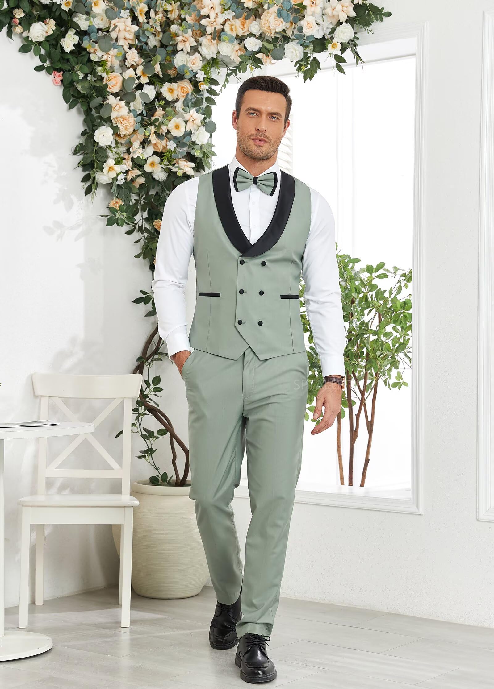 Smoking da uomo in 3 pezzi, vestibilità aderente, per matrimoni, balli, cene, doppiopetto, con papillon