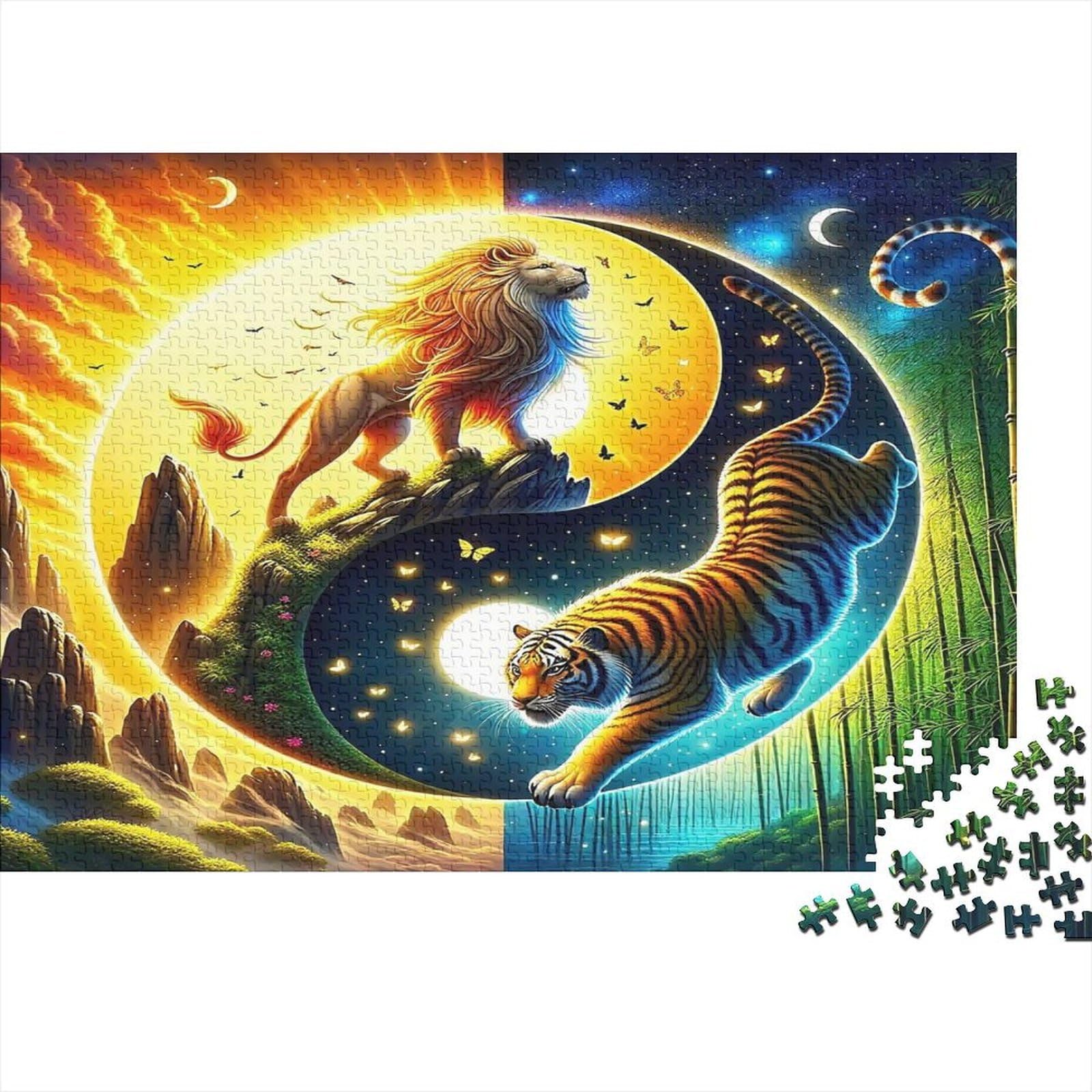 1000 Pieces Sun Moon Paper Jigsaw for Adults Thick Eco Material Yin Yang Tiger Lion Puzzle Wall Art Gift Relaxation 70x50cm/1000pcs โ image 1